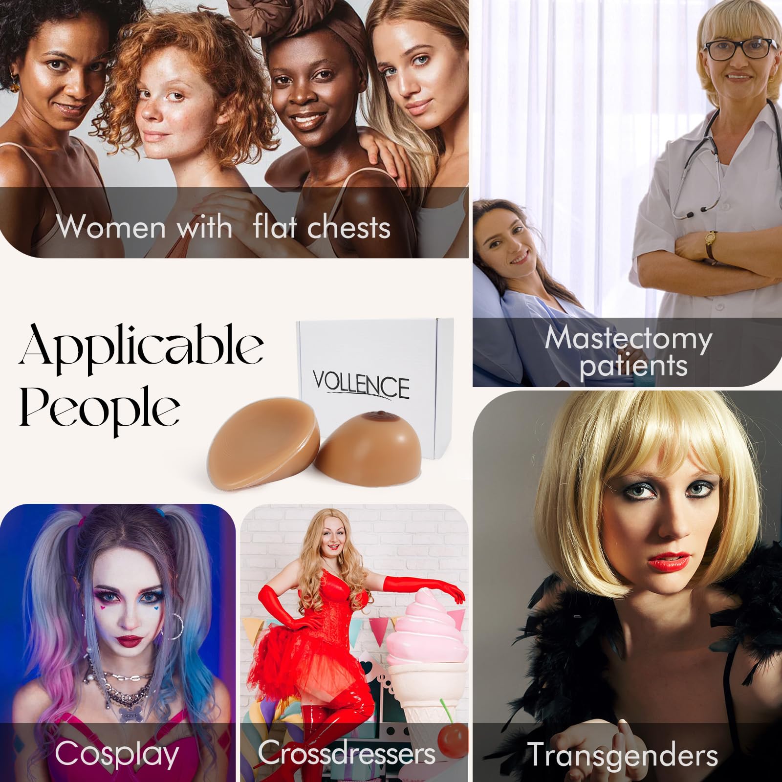 Vollence Silicone Breast Forms - Natural Looking Fake Boobs for Mastectomy, Transgender & Crossdressing - Comfortable Prosthesis for Daily Wear, Swimwear & Special Occasions