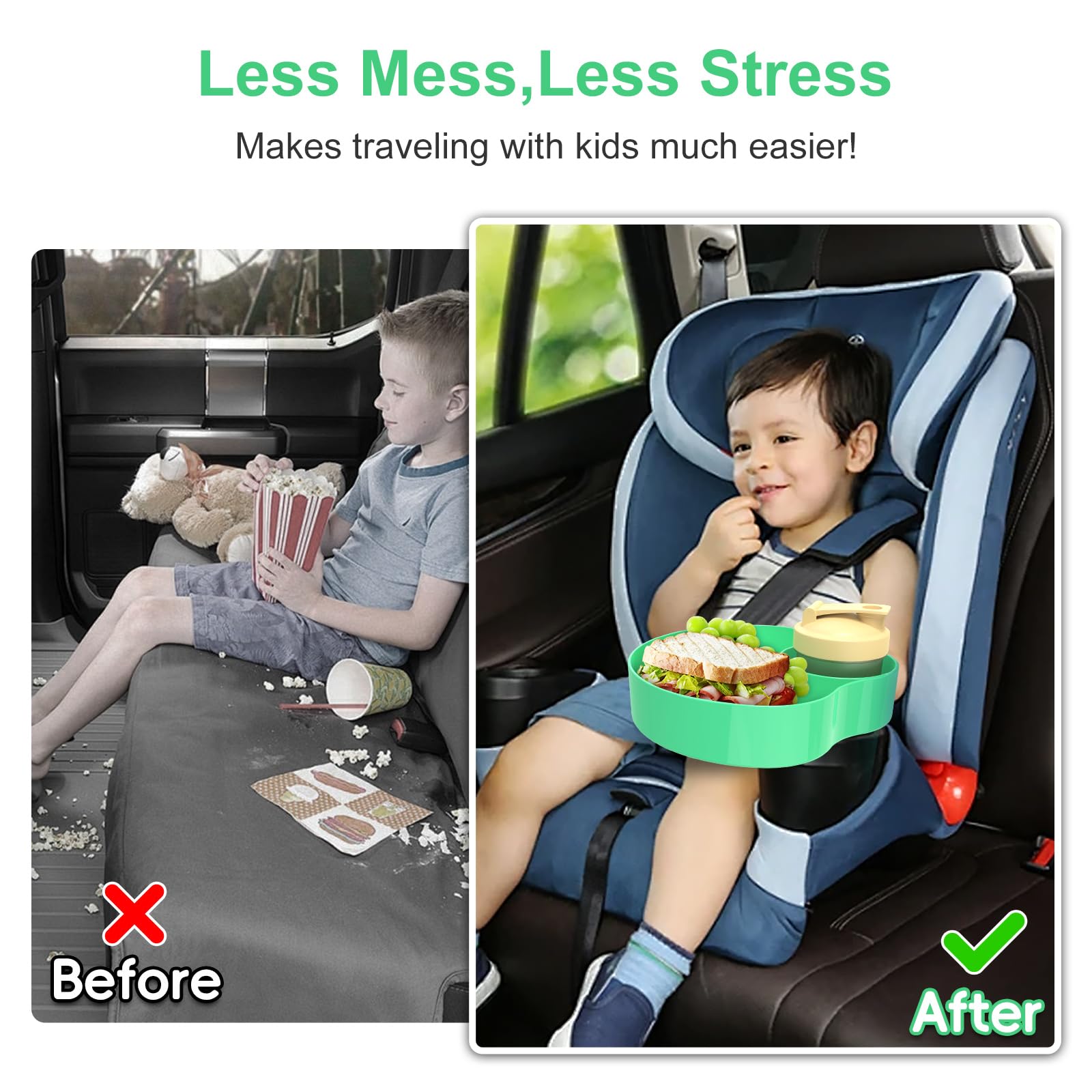 Best Kids Car Seat Travel Tray - Portable Snack Tray for Toddlers with 2 Cup Holders | Baby Stroller Feeding Tray for Road Trips & Airplane Travel | Essential Travel Accessories for Parents (Green)
