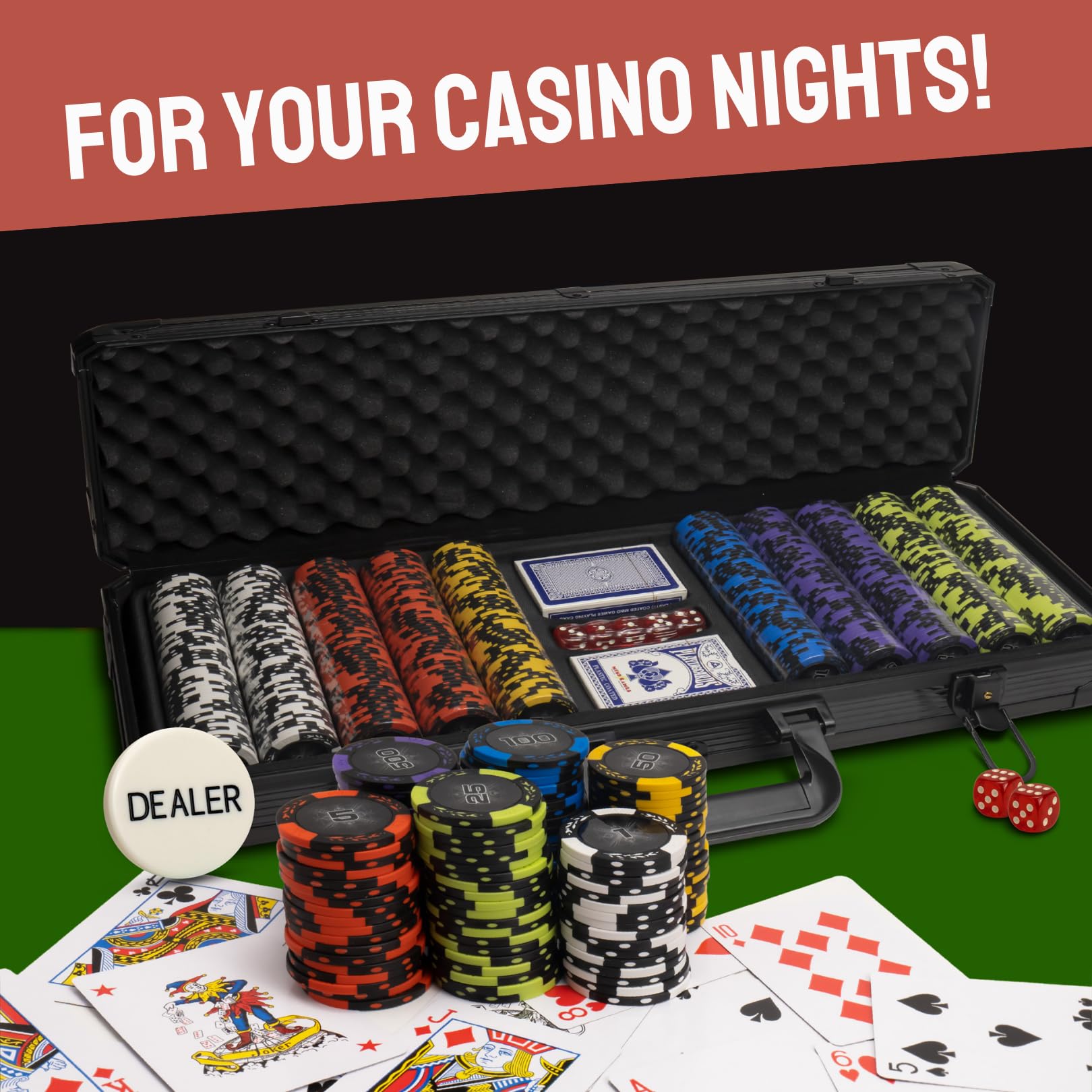 Premium Casino Style Poker Chips Set with Aluminum Case - 500 Numbered Black Chips, 1 Dealer Chip, 2 Playing Card Decks & 5 Red Dice - Perfect for Texas Hold'em, Blackjack & Home Poker Nights - Great Gift for Poker Players & Casino Enthusiasts