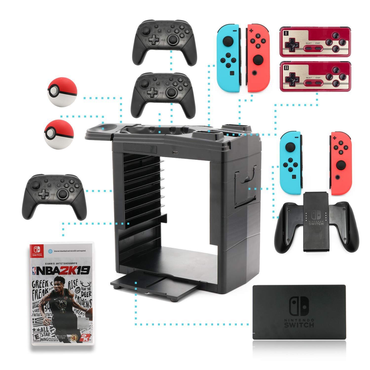 OSTENT Multi-Function LED Charging Dock Stand for Nintendo Switch Console & Games - Fast Charging Station with Display Shelf for Gaming Accessories | Perfect for Home Entertainment & Travel Gaming Setup