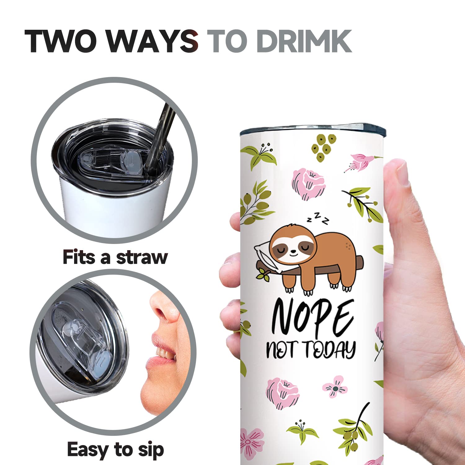 20 oz Insulated Stainless Steel Sloth Tumbler with Lid & Straw - Funny Travel Coffee Mug for Women, Perfect Birthday Gift for Sloth Lovers - Great for Office, Camping & Daily Commute