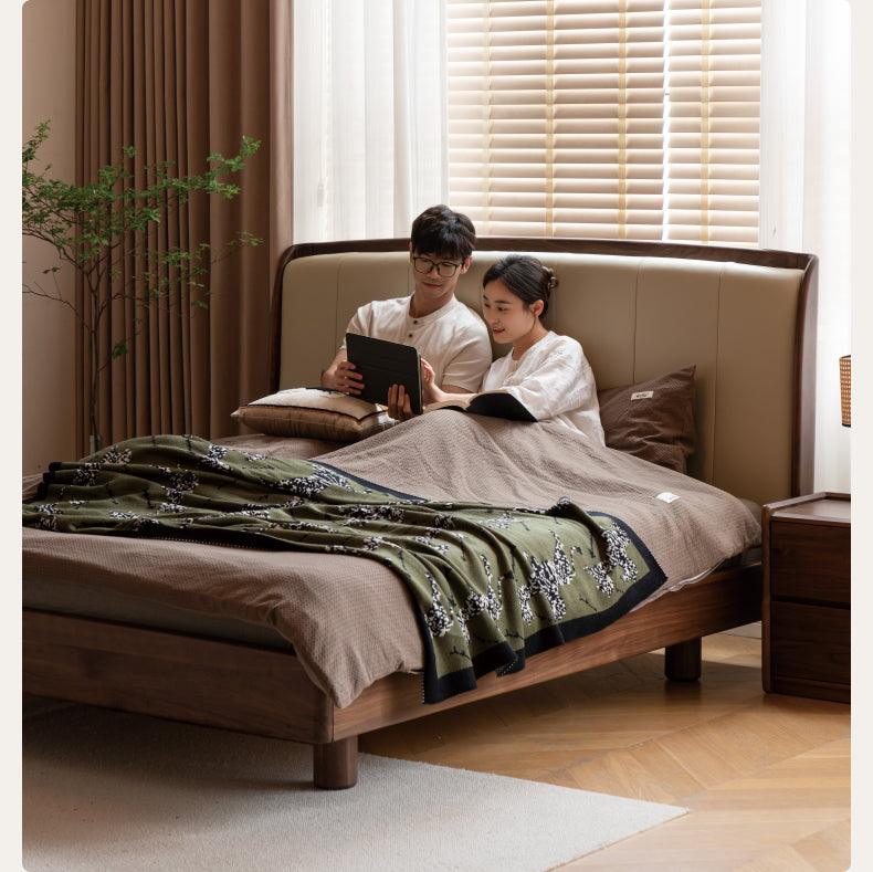 Premium Black Walnut & Ash Solid Wood Leather Upholstered Bed Frame - High Soft Back Support for Master Bedroom, Guest Room & Luxury Home Decor