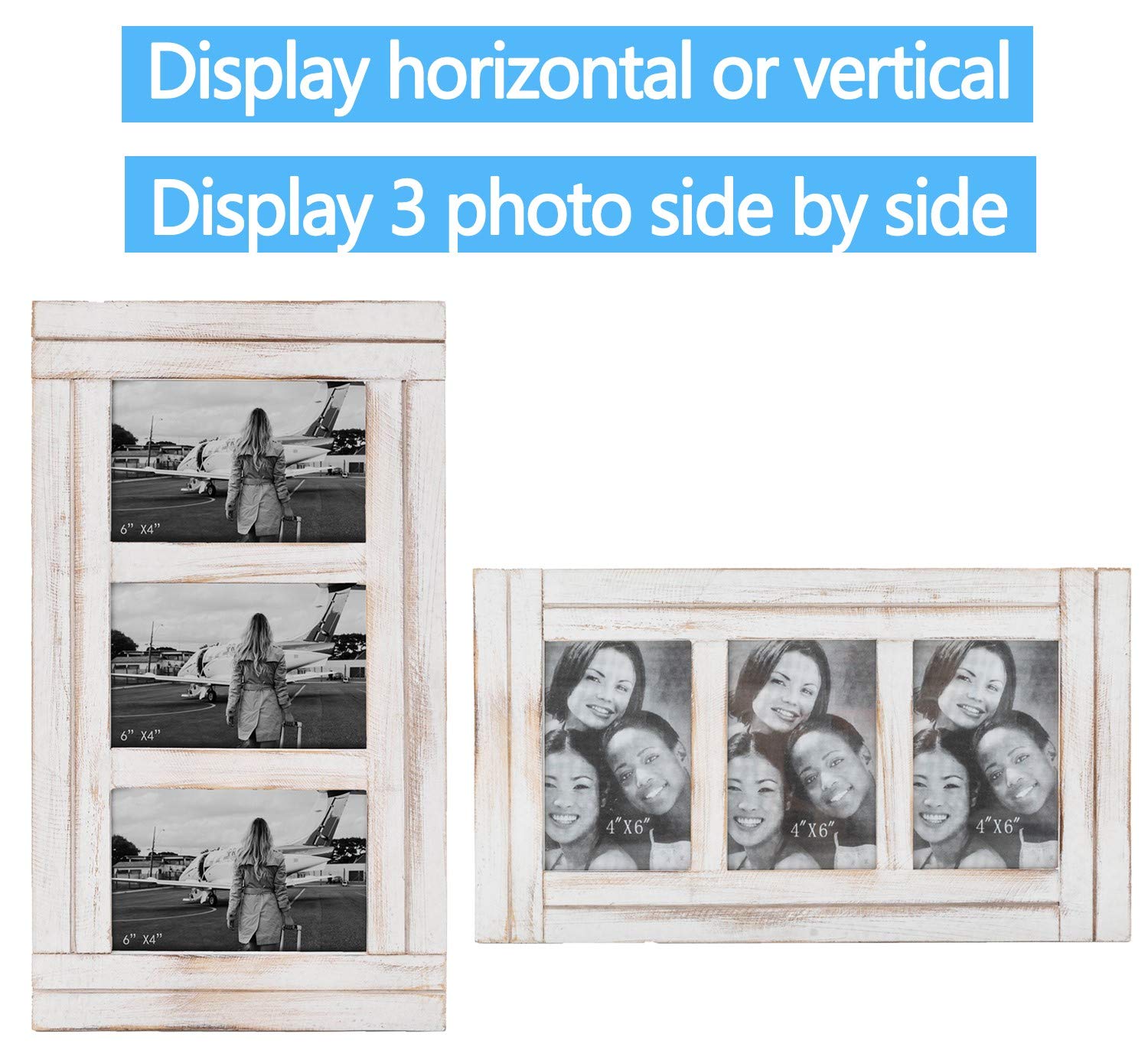 RiteSune Set of 3 Rustic 4x6 Picture Frames for Wall - Perfect for Photo Collage, Home Decor, Christmas & Birthday Gifts - White - Ideal for Living Room, Bedroom & Office Wall Decoration