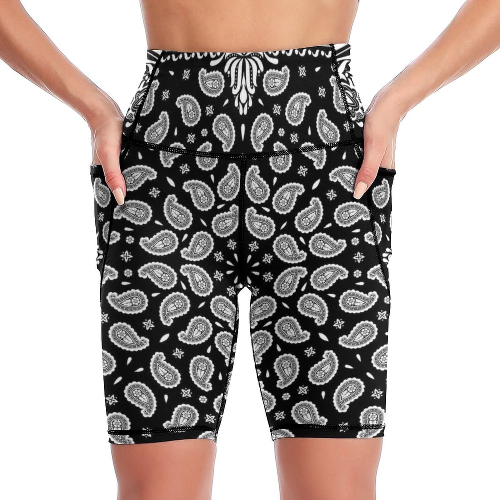 AMRANDOM High Waist Tummy Control Yoga Shorts for Women - Seamless Workout Shorts with Side Pockets | Black & White Paisley Print | Medium Size | Perfect for Gym, Running, Cycling & Yoga
