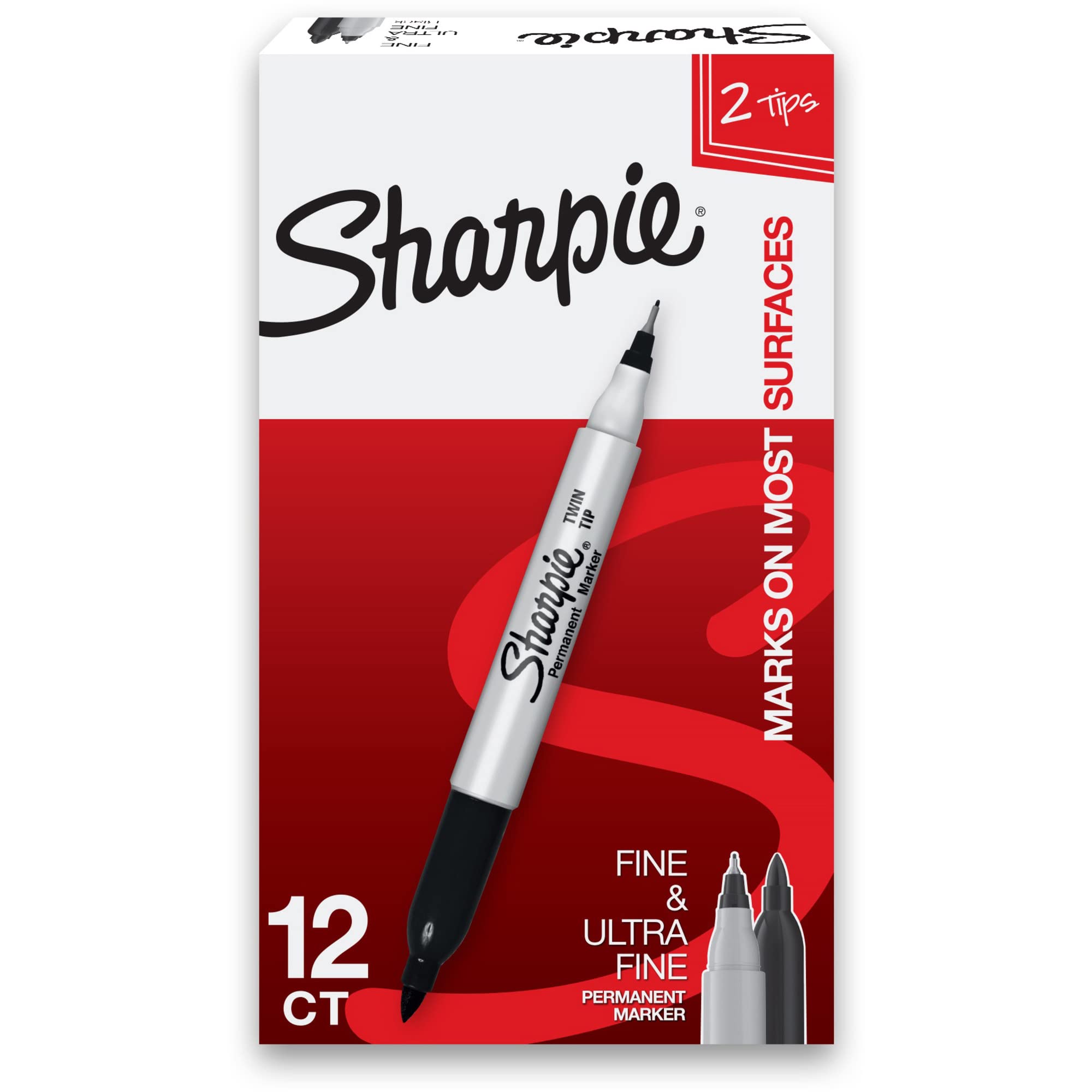 Sharpie Twin-Tip Permanent Markers - Fine & Ultra Fine Point Black Ink (12 Pack) - Ideal for Office, School, Art Projects & Labeling