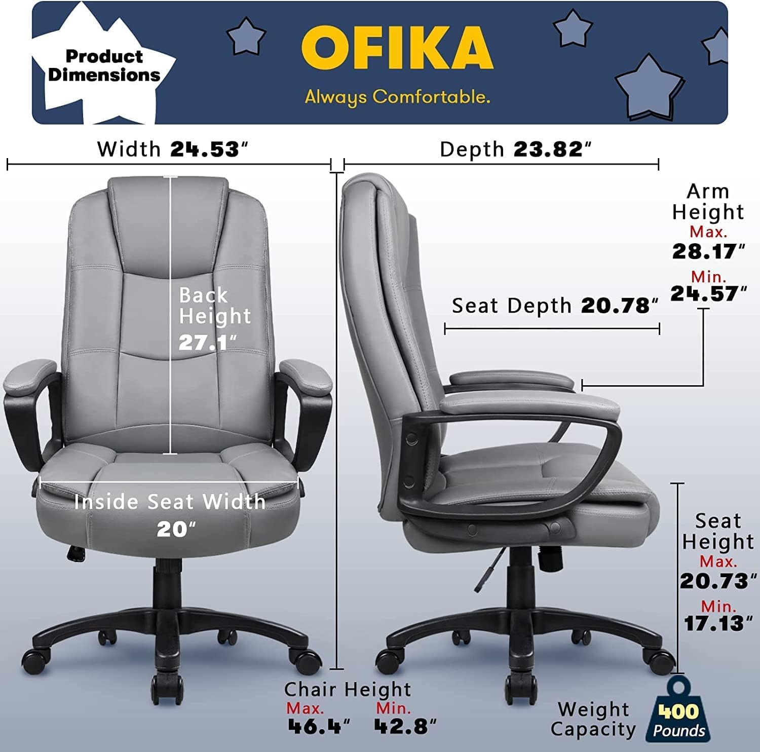 OFIKA Ergonomic Home Office Chair - 400LBS Heavy Duty Big & Tall Executive Chair with High Back Lumbar Support, Adjustable Leather Desk Chair with Armrests (Grey) - Perfect for Long Work Hours, Gaming, and Computer Use