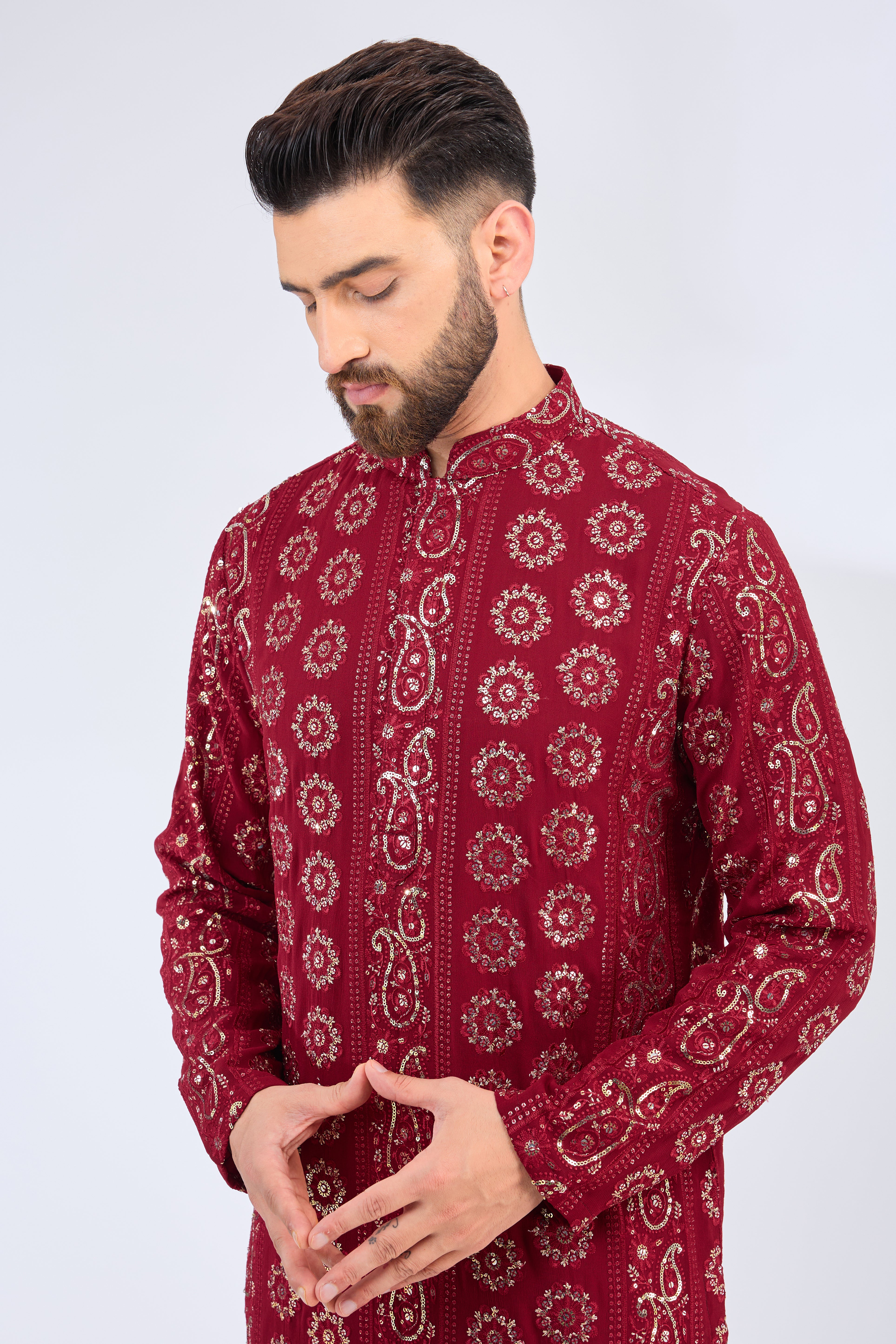 Elegant Maroon & Red Chikankari Kurta with Sequin Embellishments - Perfect for Festivals, Weddings & Ethnic Occasions
