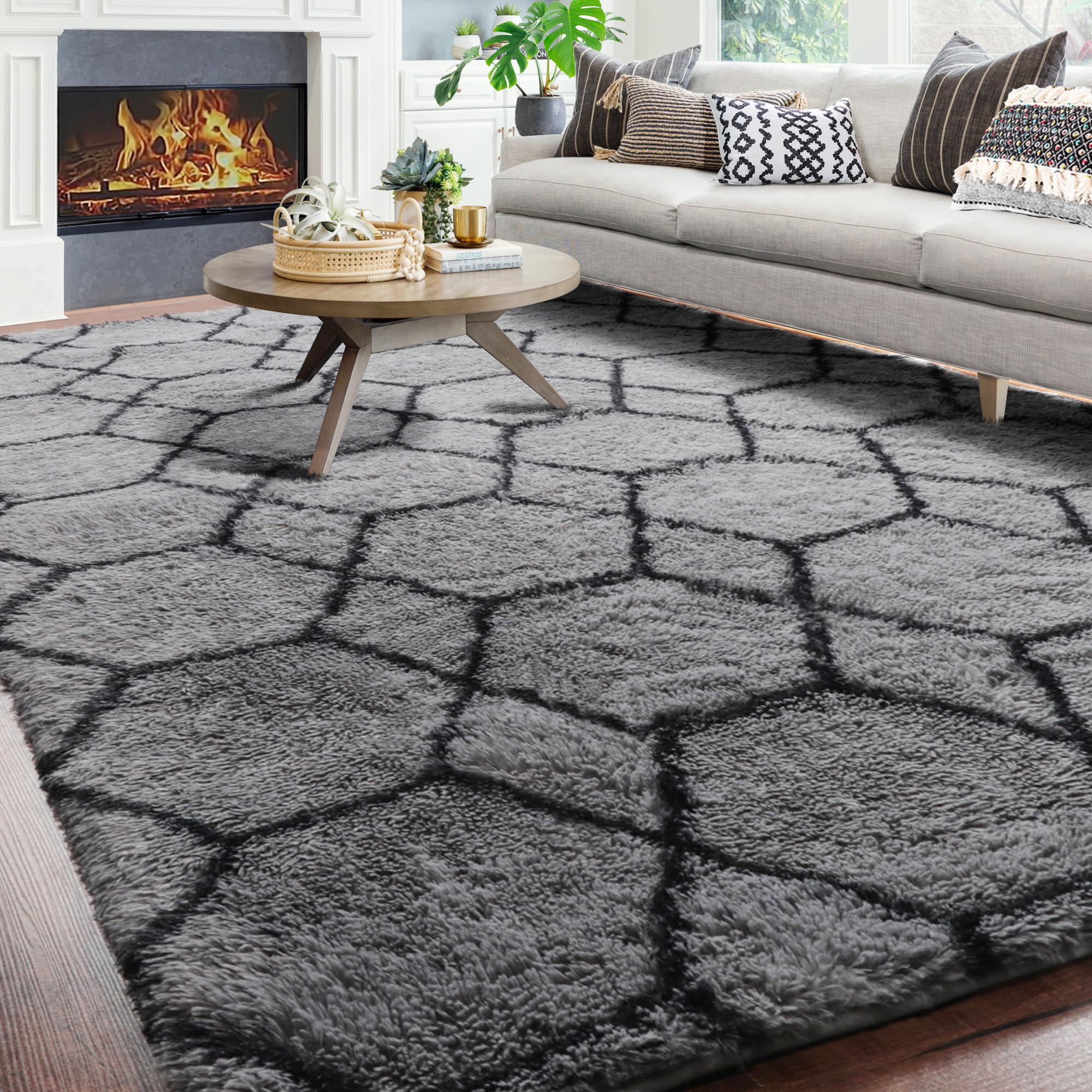 ONASAR 8x10 Fluffy Shaggy Area Rug - Soft Plush Geometric Boho Carpet for Living Room, Bedroom, Nursery, Kids Room, Playroom & Dorm Decor - Machine Washable Grey and Black Fuzzy Floor Mat (Perfect for Cozy Home, Classroom & Office Spaces)