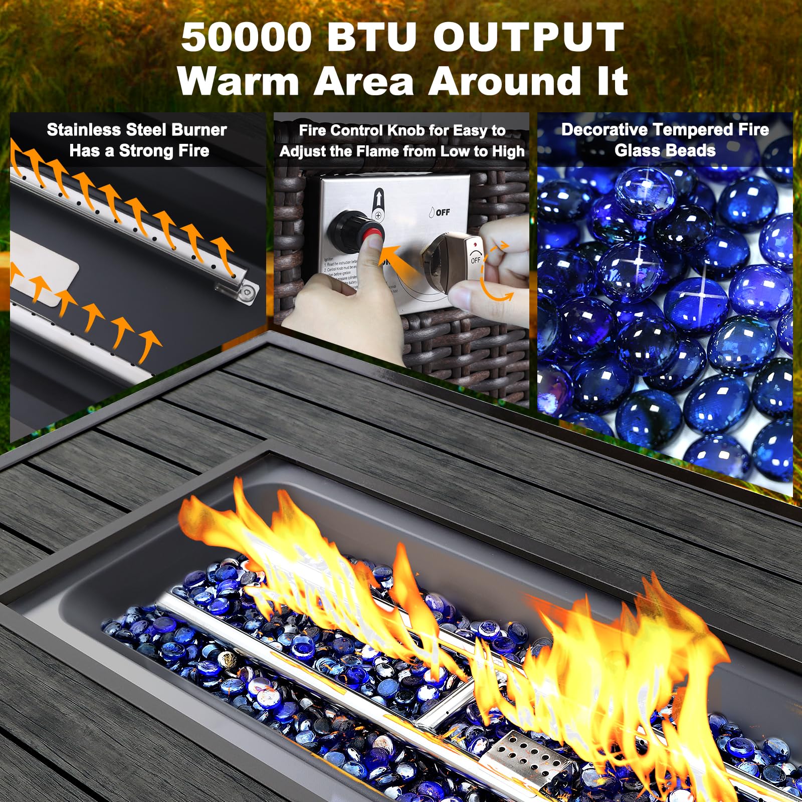 NOBLEMOOD 48 Inch CSA Certified Propane Fire Pit Table - 50,000 BTU Outdoor Gas Fire Pit with Glass Beads & Aluminum Table Top - Waterproof Cover Included - Perfect for Patio, Backyard, Garden & Poolside Gatherings