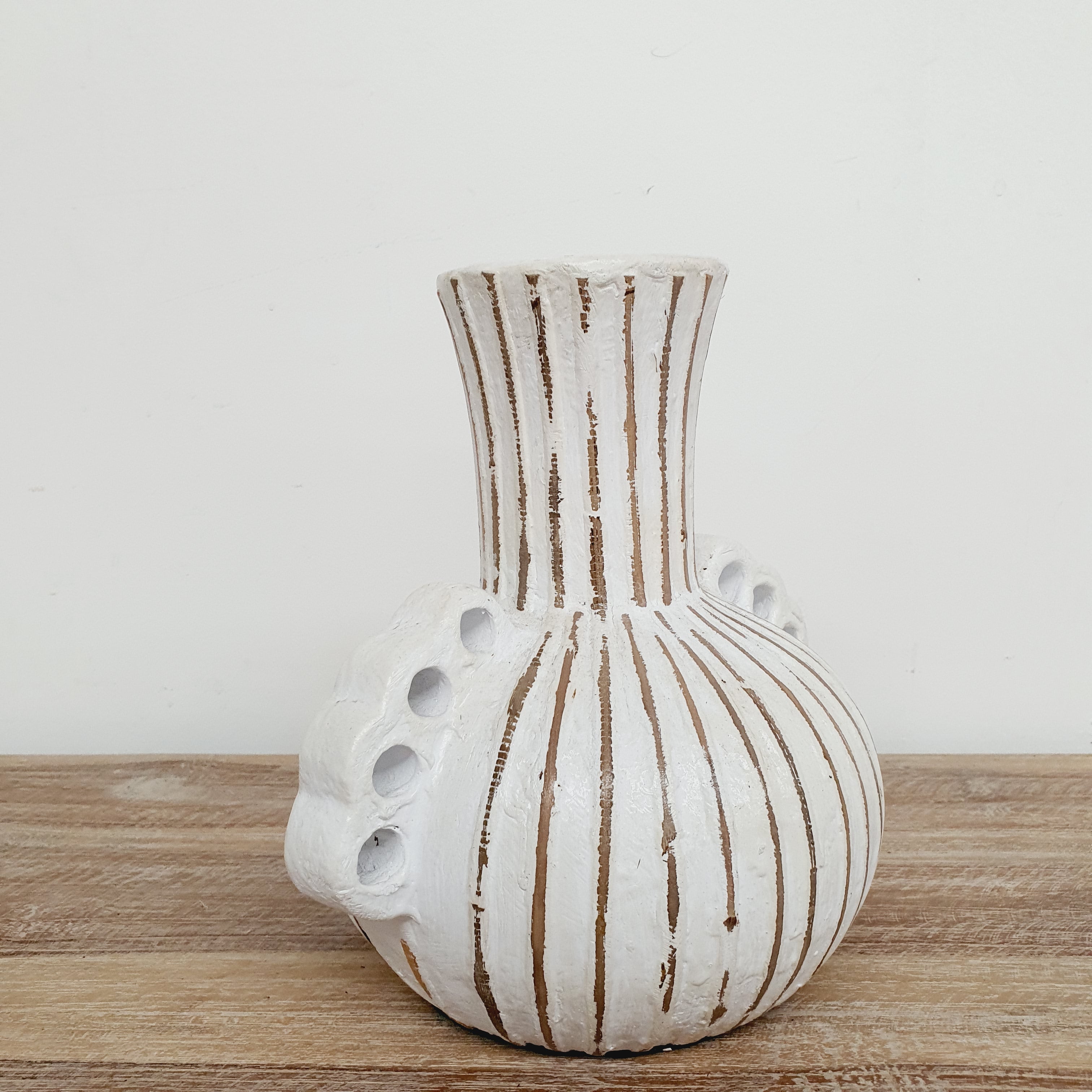 Handmade White Striped Terracotta Vase with Handles - Boho Home Decor for Living Room, Bedroom & Office - Perfect for Flowers, Plants & Centerpieces