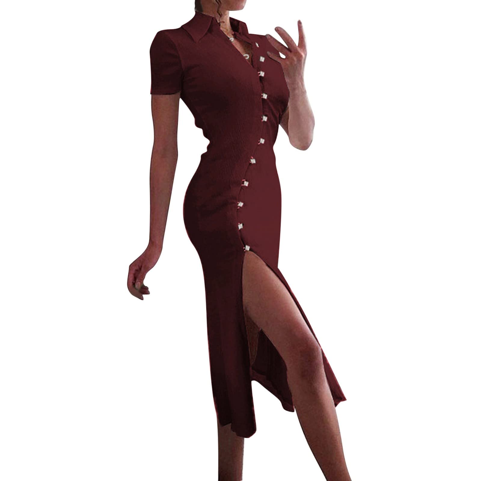 Women's Casual Shift Dress with Sexy Collar & Button Front - Cotton Midi Dress with Side Slit | Perfect for Office Wear, Date Night & Summer Outfits