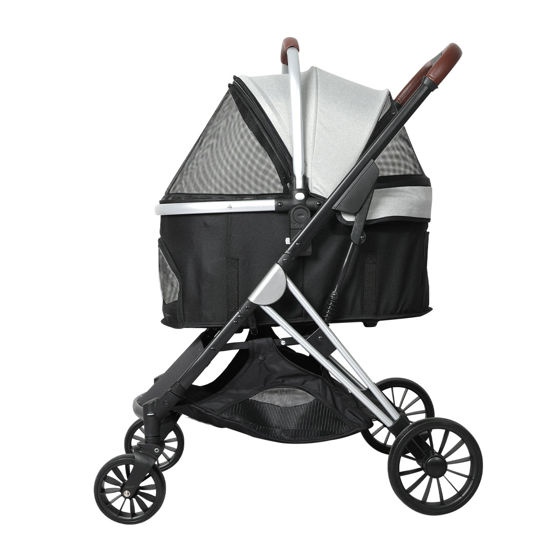 Premium Aluminum 4-Wheel Pet Stroller Carrier - Lightweight & Durable Grey Pet Travel Cart for Dogs & Cats - Perfect for Outdoor Walks, Vet Visits & Shopping Trips