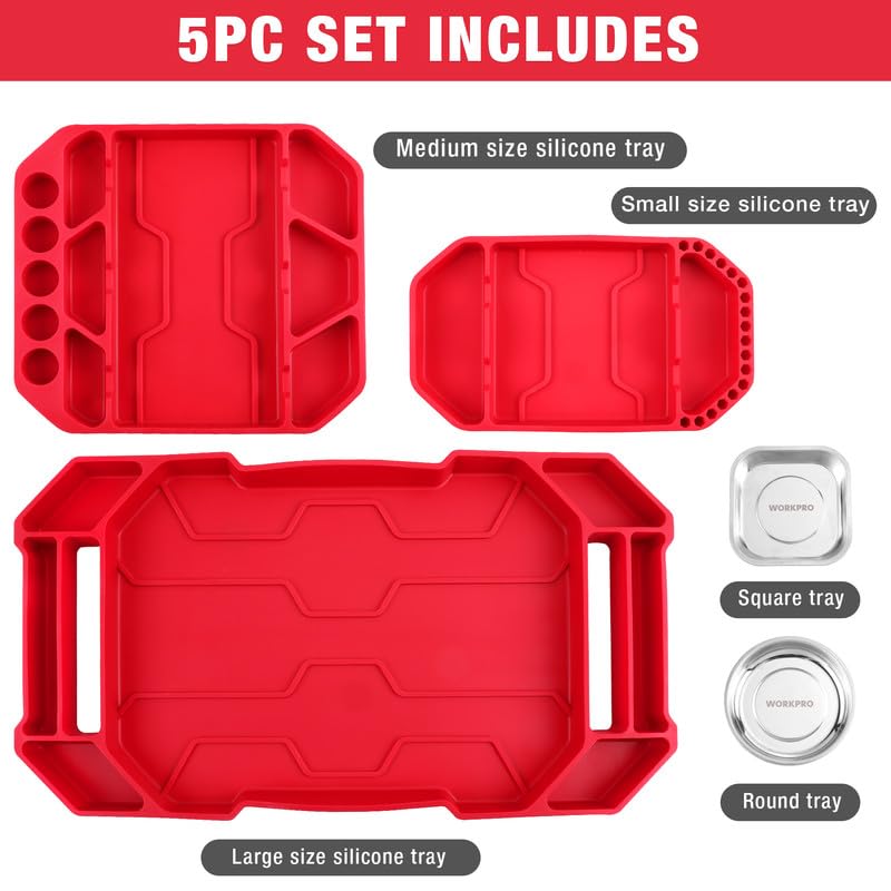 WORKPRO 5-Piece Non-Slip Tool Tray Set with 3 Silicone Organizers & 2 Magnetic Trays - Durable Tool Mat, Holder & Storage Solution for Mechanics, DIY & Workshop Organization