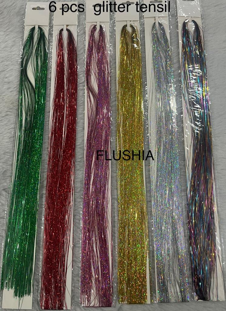Flushia® 40 Inch Hair Tinsel Extensions - 3 Colors (Red, Green, Pink) 2400 Strands Glitter Hair Highlights | Fairy Hair Glitter for Parties, Festivals & Cosplay | Premium Hair Tensile Extensions Pack of 3