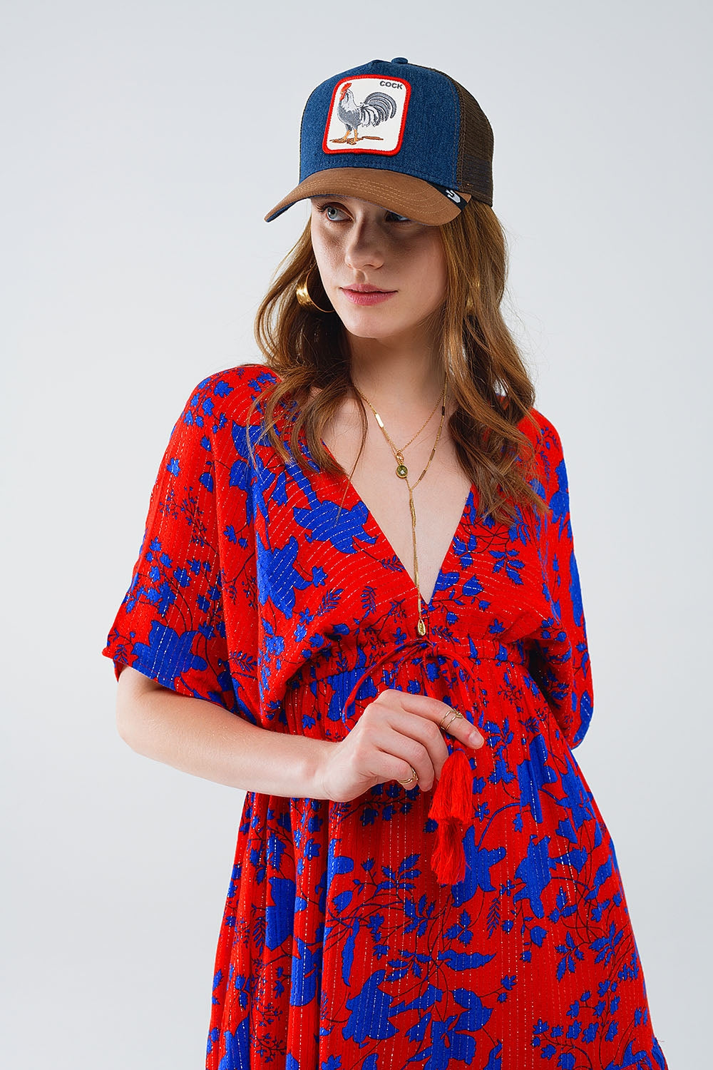 Elegant Short Flowy Red Robe with Blue Floral Print - Perfect for Loungewear, Spa Days & Relaxing at Home