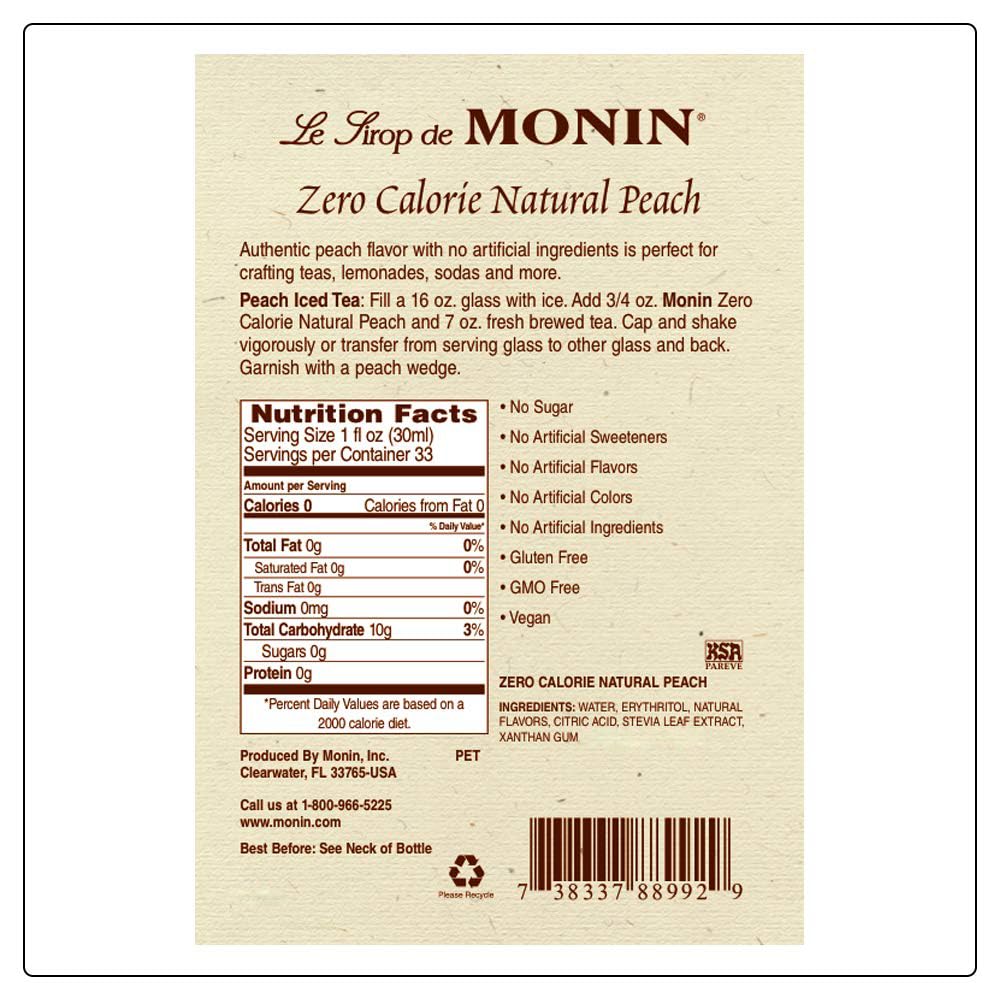 Monin Zero Calorie Natural Peach Syrup - Fresh & Juicy Flavor, Non-GMO, Gluten-Free, 1 Liter - Perfect for Iced Tea, Lemonade, Soda, Cocktails & Mocktails