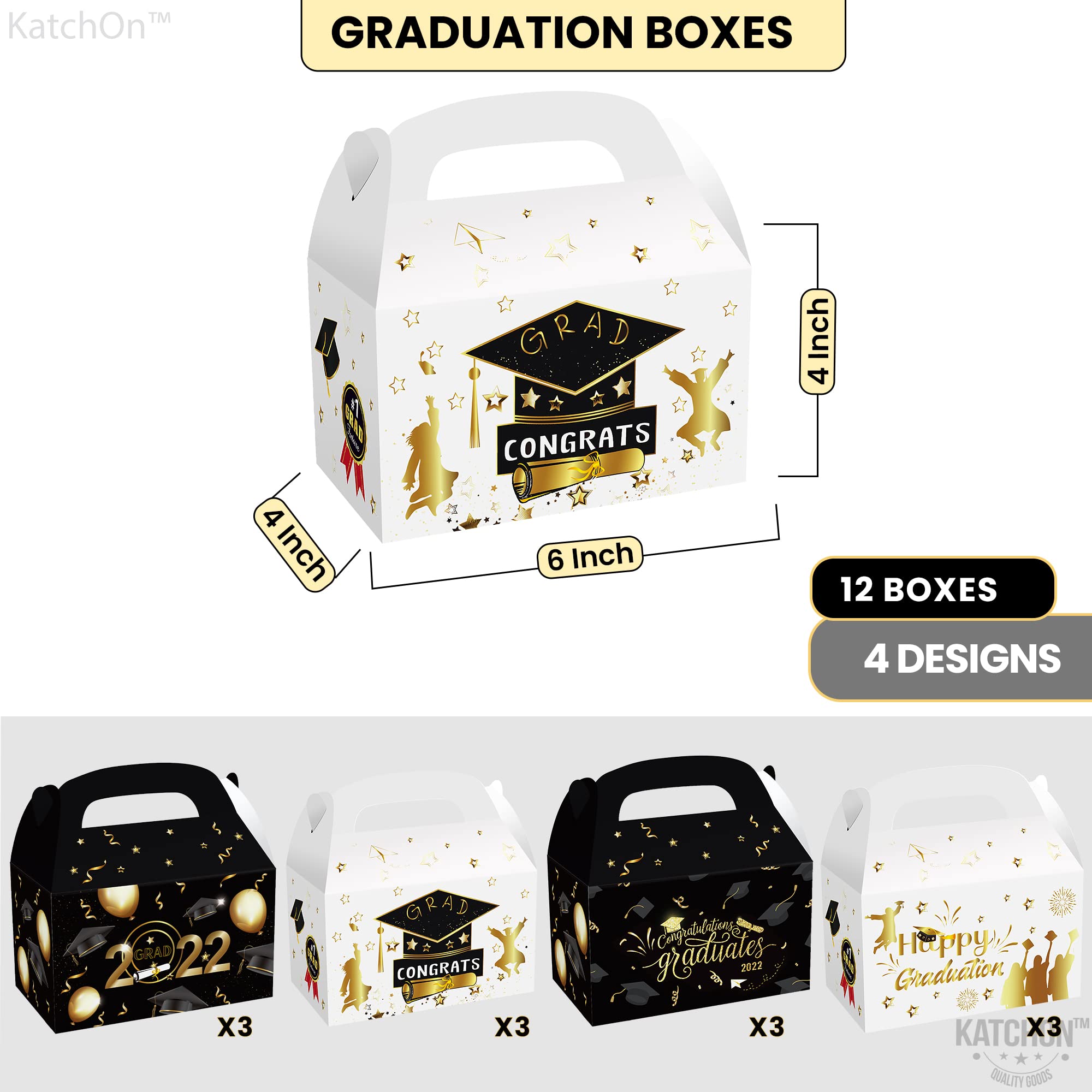 Happy Graduation Gift Boxes 2023 - Pack of 12 Elegant Black & Gold Graduation Card Boxes with Party Decorations | Perfect for Graduation Party Favors, Treat Boxes & Centerpieces | Ideal for High School & College Graduation Celebrations