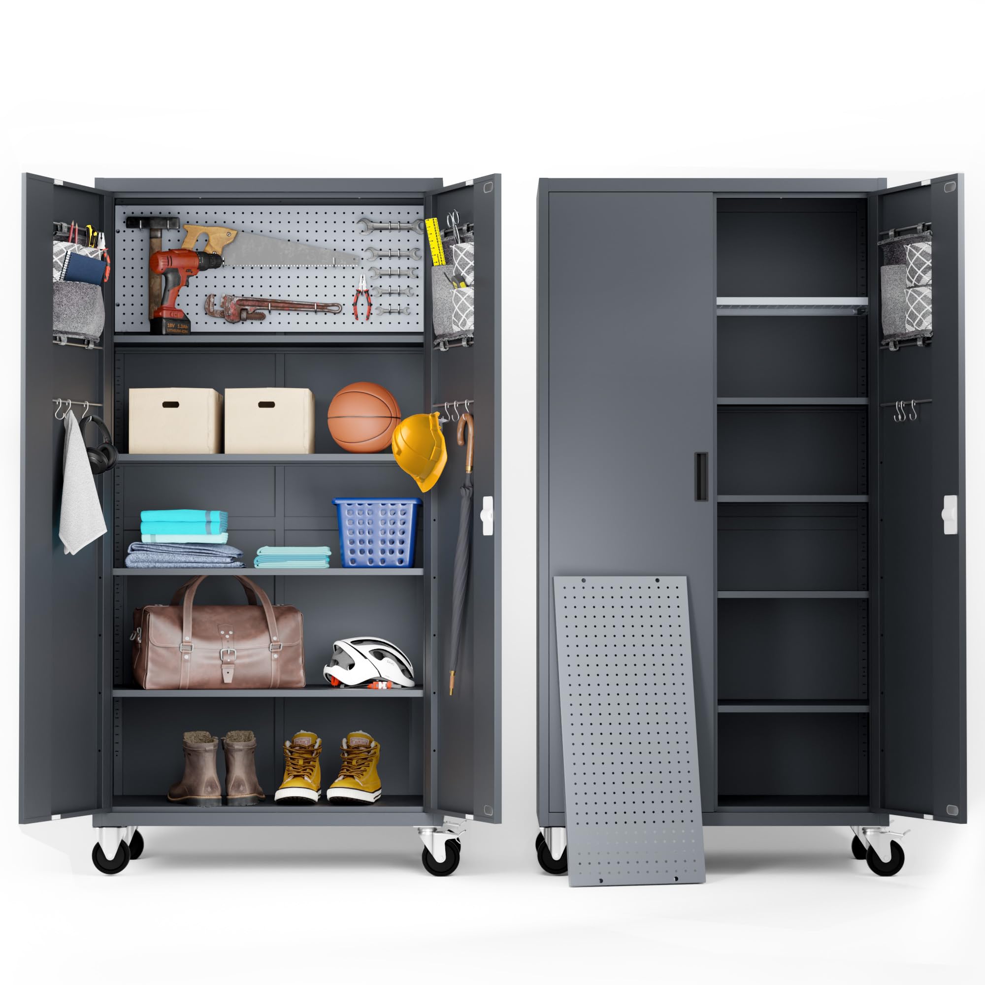 METALTIGER Heavy-Duty Metal Storage Cabinet with Wheels - Large Garage Storage Organizer with Locking Doors, Adjustable Shelves, Pegboard & Accessories (Dark Gray) - Perfect for Workshop, Garage, Office & Home Organization
