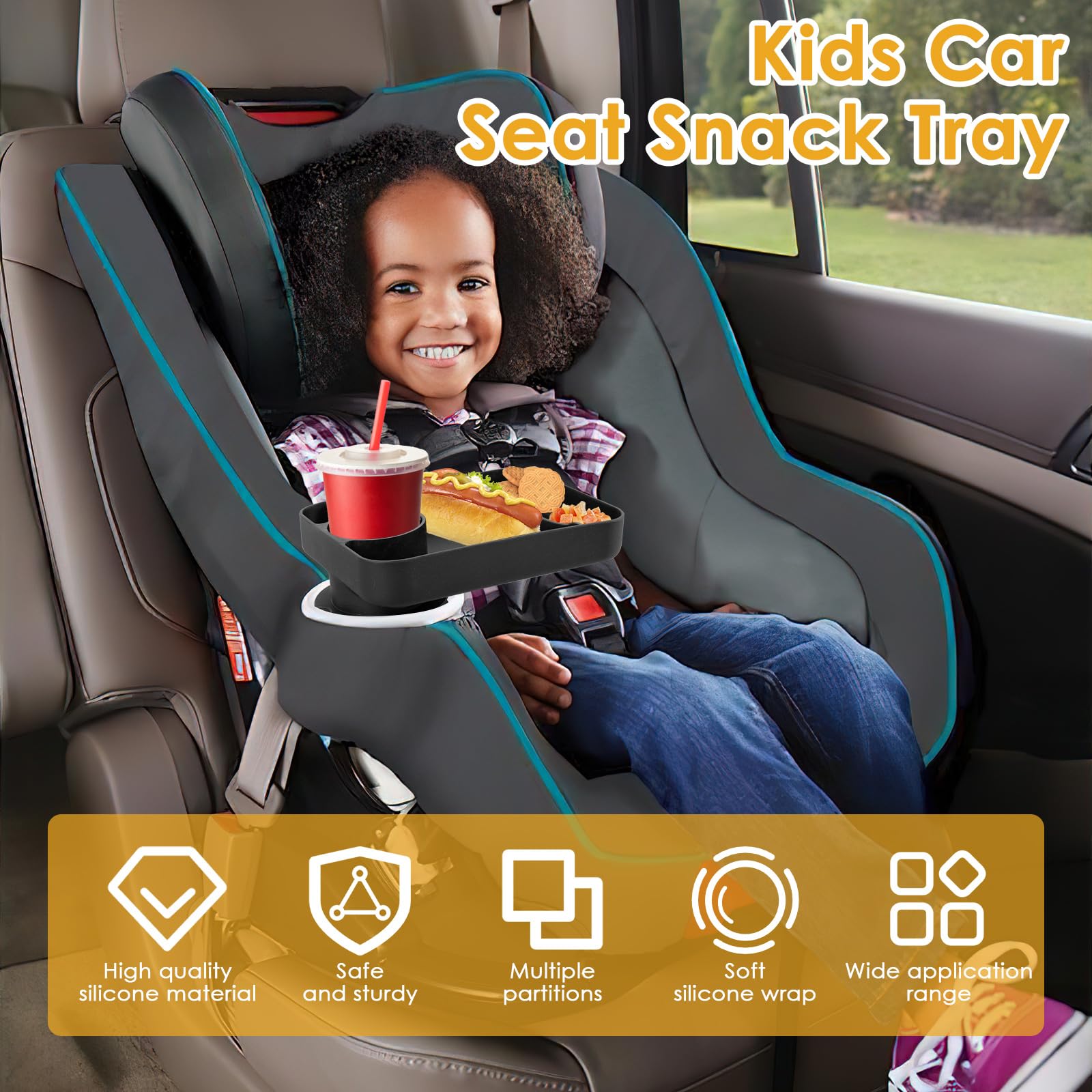 Portable Kids Car Seat Travel Tray with Cup Holder - Toddler Road Trip Essentials for Snacks, Toys & Books - Durable Silicone Feeding & Entertainment Tray for Airplane, Car & Stroller Use