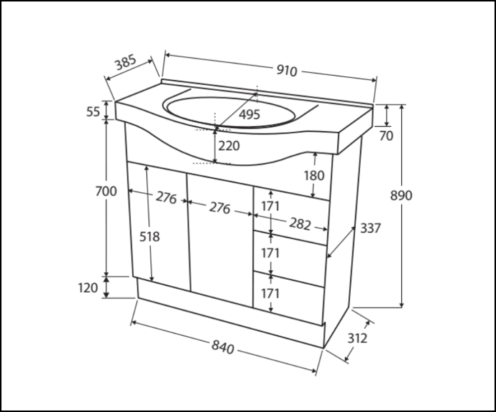 Fienza Antonio 90EKWR 900mm White Bathroom Vanity Unit with Solid Doors & Right Drawers - Perfect for Modern Bathroom Renovations and Small Space Solutions