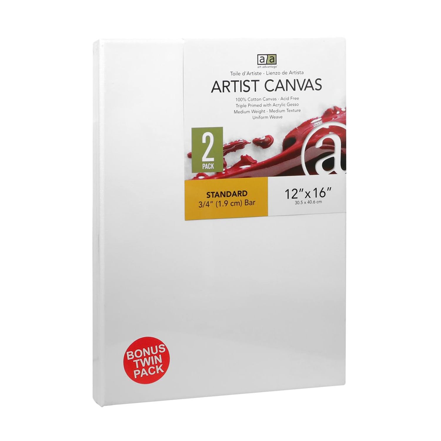 Art Advantage Artist Canvas Visual Edge 12x16 Inch, 2-Pack Stretched Canvas for Oil & Acrylic Painting - Premium Cotton Painting Boards for Artists & Beginners - Perfect for Home Studio, Classroom & DIY Art Projects