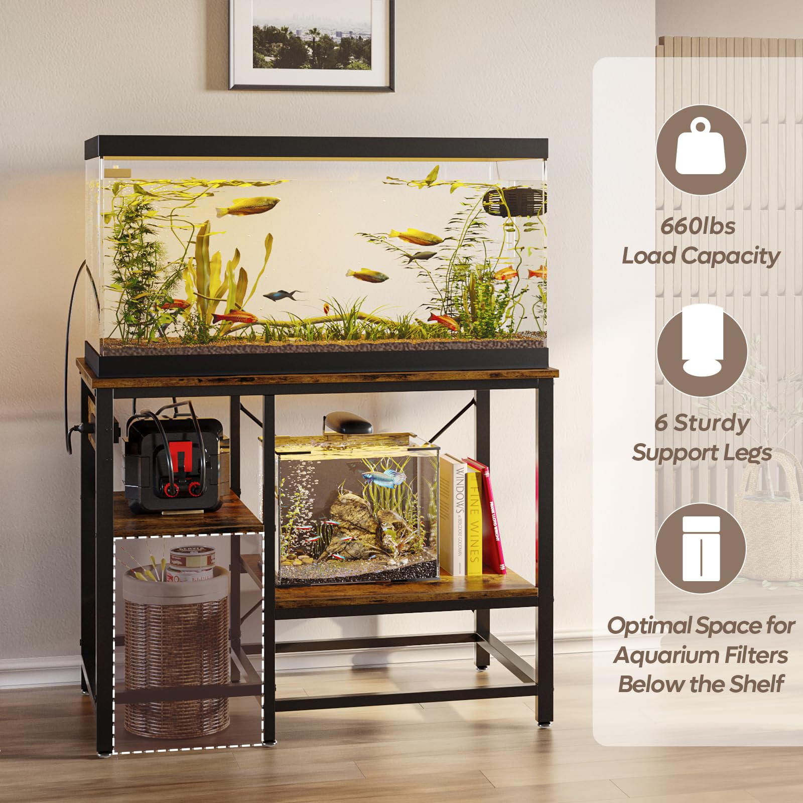 Bestier 40-50 Gallon Fish Tank Stand with Power Outlet - 36x19 Inch Heavy Duty Metal Aquarium Stand for Reptiles & Fish Tanks - 6-Leg Design with 3-Tier Adjustable Storage Shelves - 660LBS Weight Capacity - Perfect for Living Room, Bedroom or Office Decor