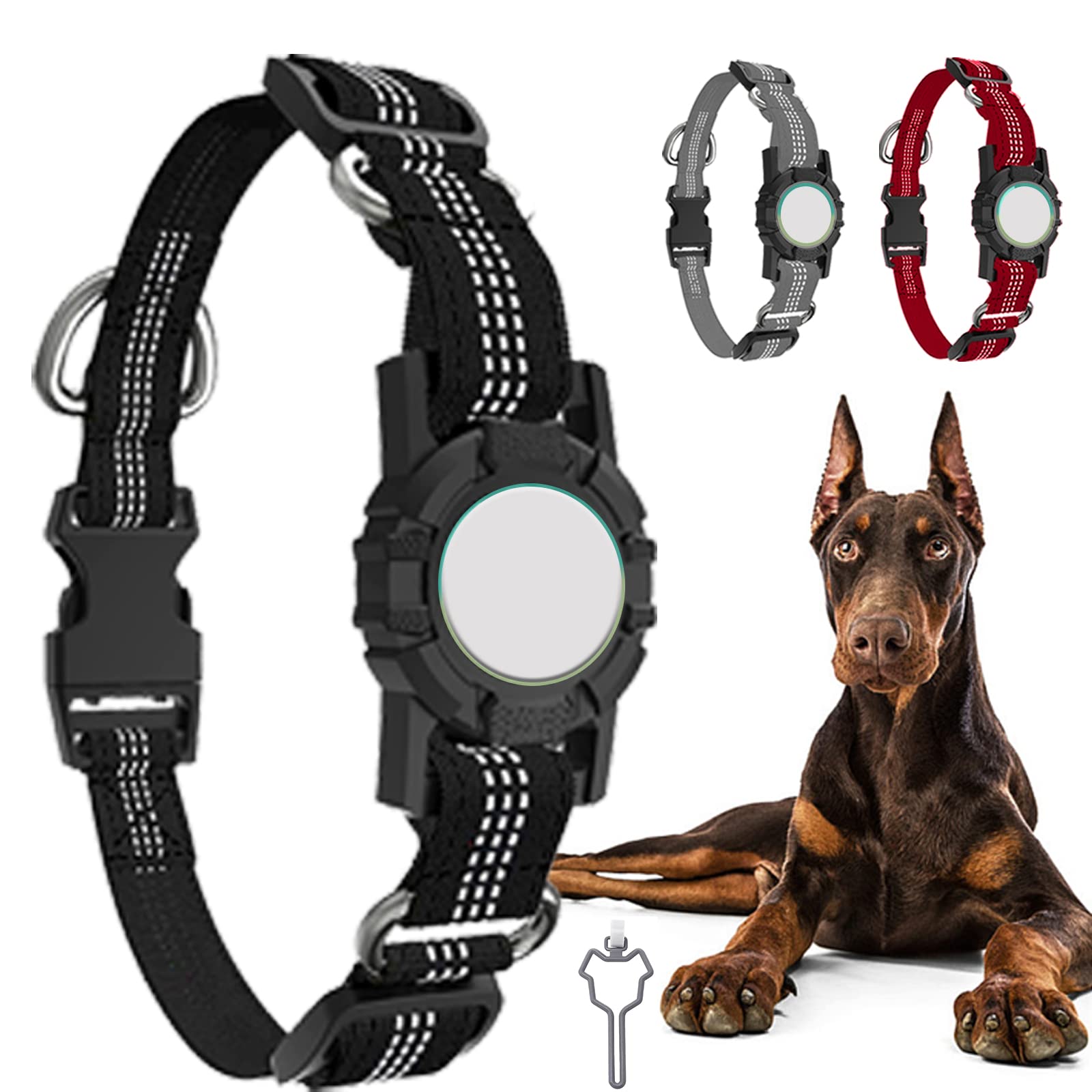 Adjustable Reflective Dog Collar with AirTag Holder - Soft Nylon Pet Collar for Small Medium Large Dogs (Large, Black) | Apple AirTag Accessories for Dogs | Perfect for Night Walks & Pet Safety
