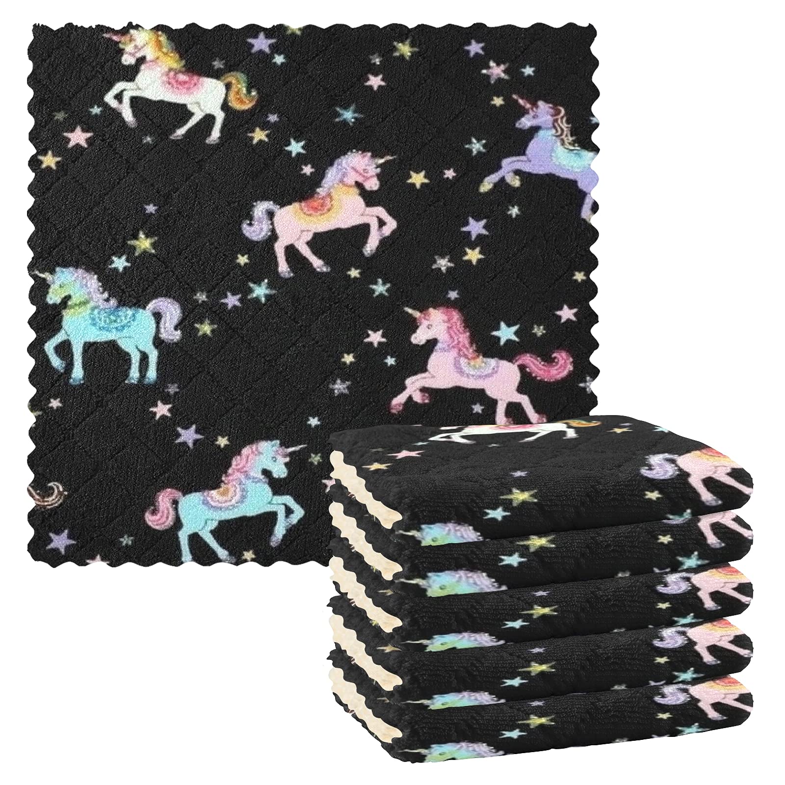 SUABO 6 Pack Unicorn Kitchen Towels - Super Absorbent Reusable Dish Cloths for Washing Dishes, Cleaning Countertops & Drying Hands - Cute Unicorn Design Dish Rags for Home Kitchen & Restaurant Use