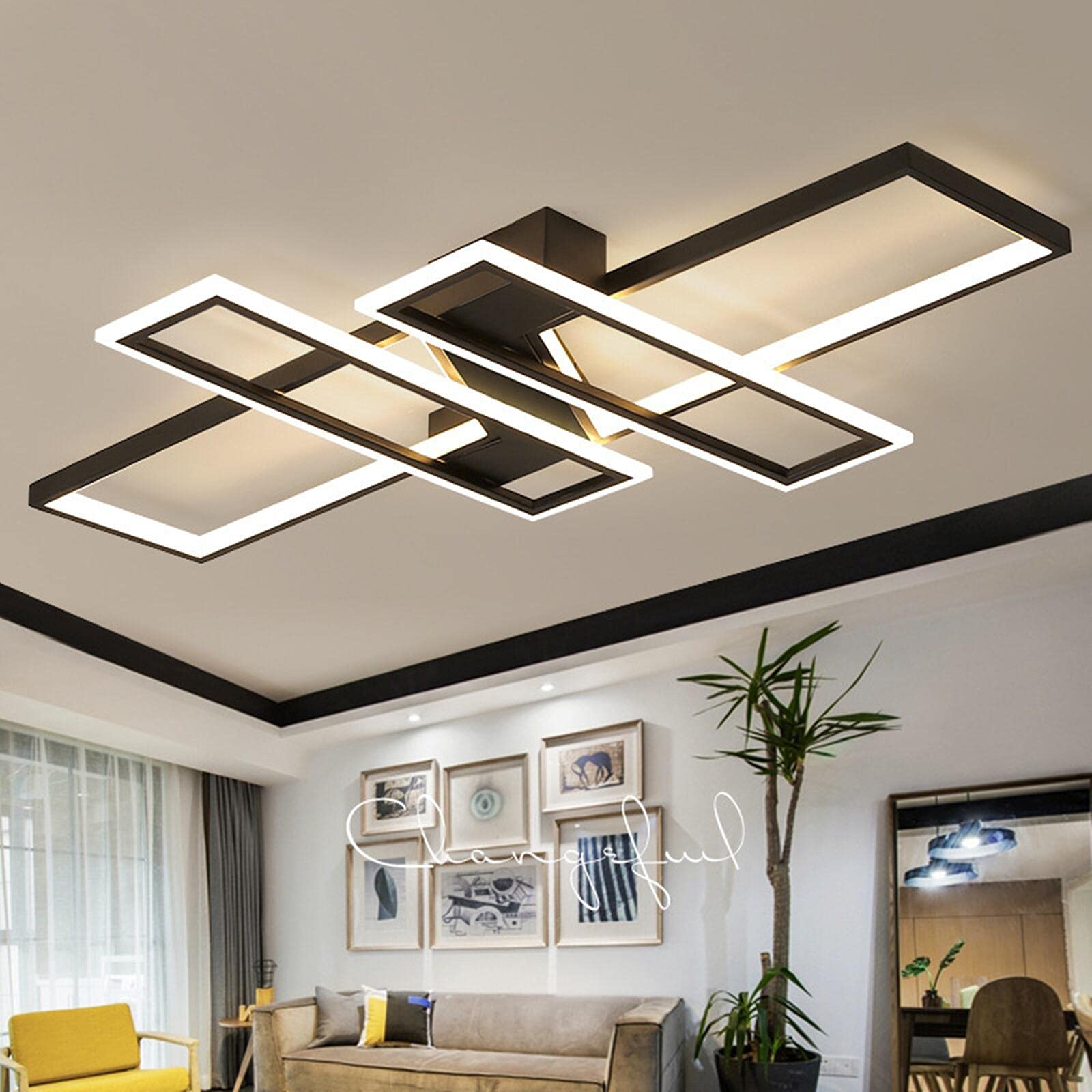 Modern Dimmable LED Ceiling Light with Remote Control - 4 Rectangular Black Metal Acrylic Flush Mount Chandelier - Perfect for Living Room, Bedroom, Dining Room, Kitchen & Study (35.4 Inch) - Energy-Efficient Lighting for Home & Office Spaces