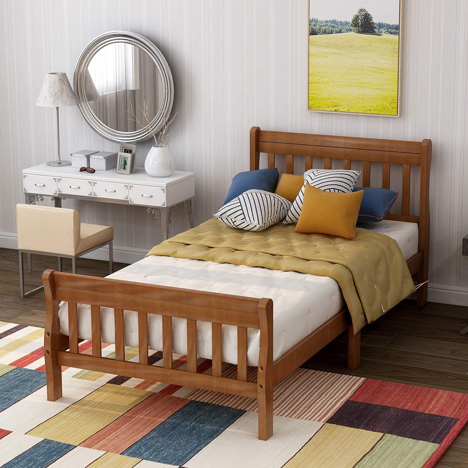 Harper&Bright Designs Twin Sleigh Bed Frame - Solid Wood Platform Bed for Kids with Headboard & Footboard, Oak Stripe Finish - Perfect for Kids' Bedrooms, Guest Rooms & Small Spaces