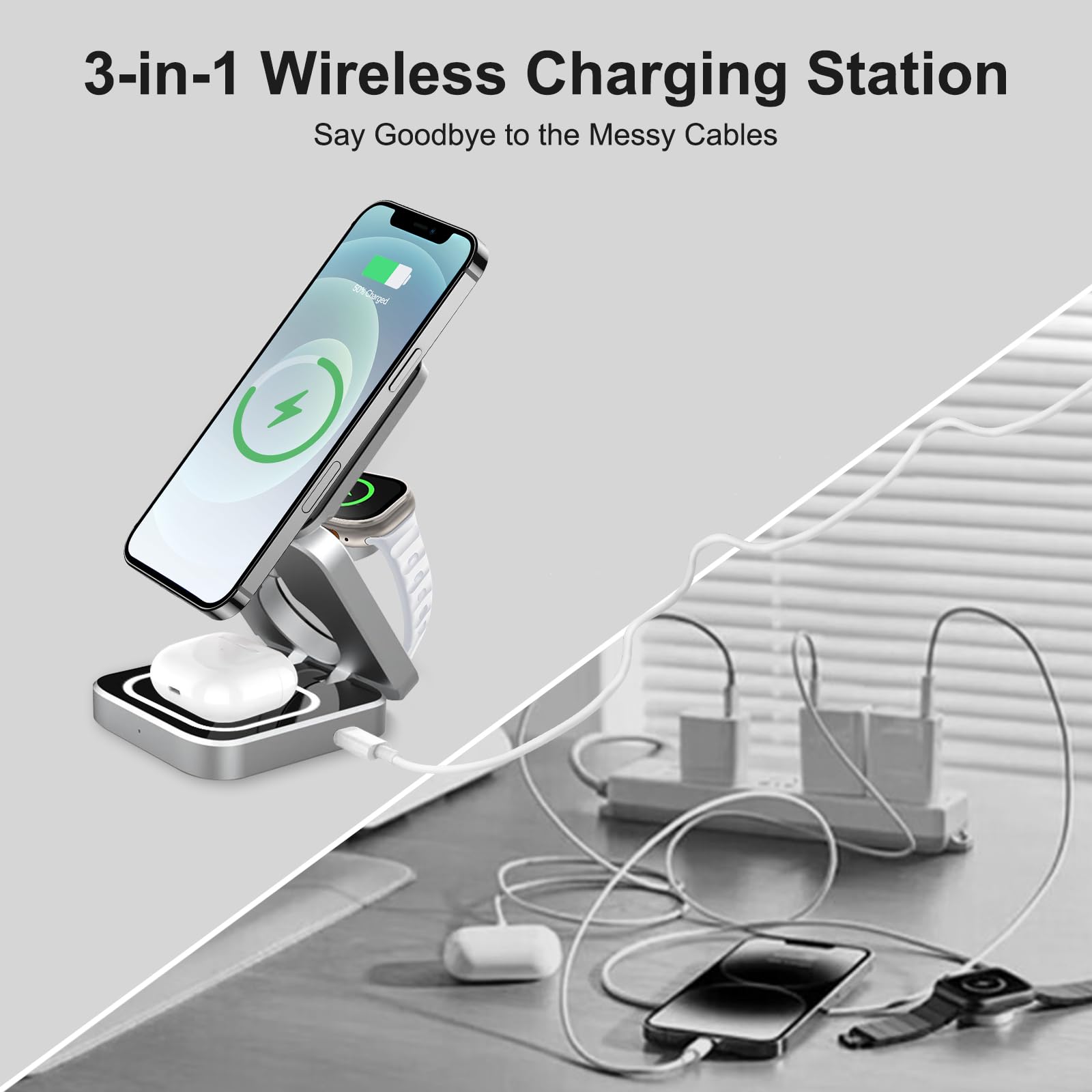 3-in-1 Foldable Wireless Charging Station for iPhone 16/15/14/13/12 Pro/Max/Plus, Apple Watch 10-1/SE/Ultra 2 & AirPods 4/3/2/Pro - Fast Travel Charger for Home, Office & Car
