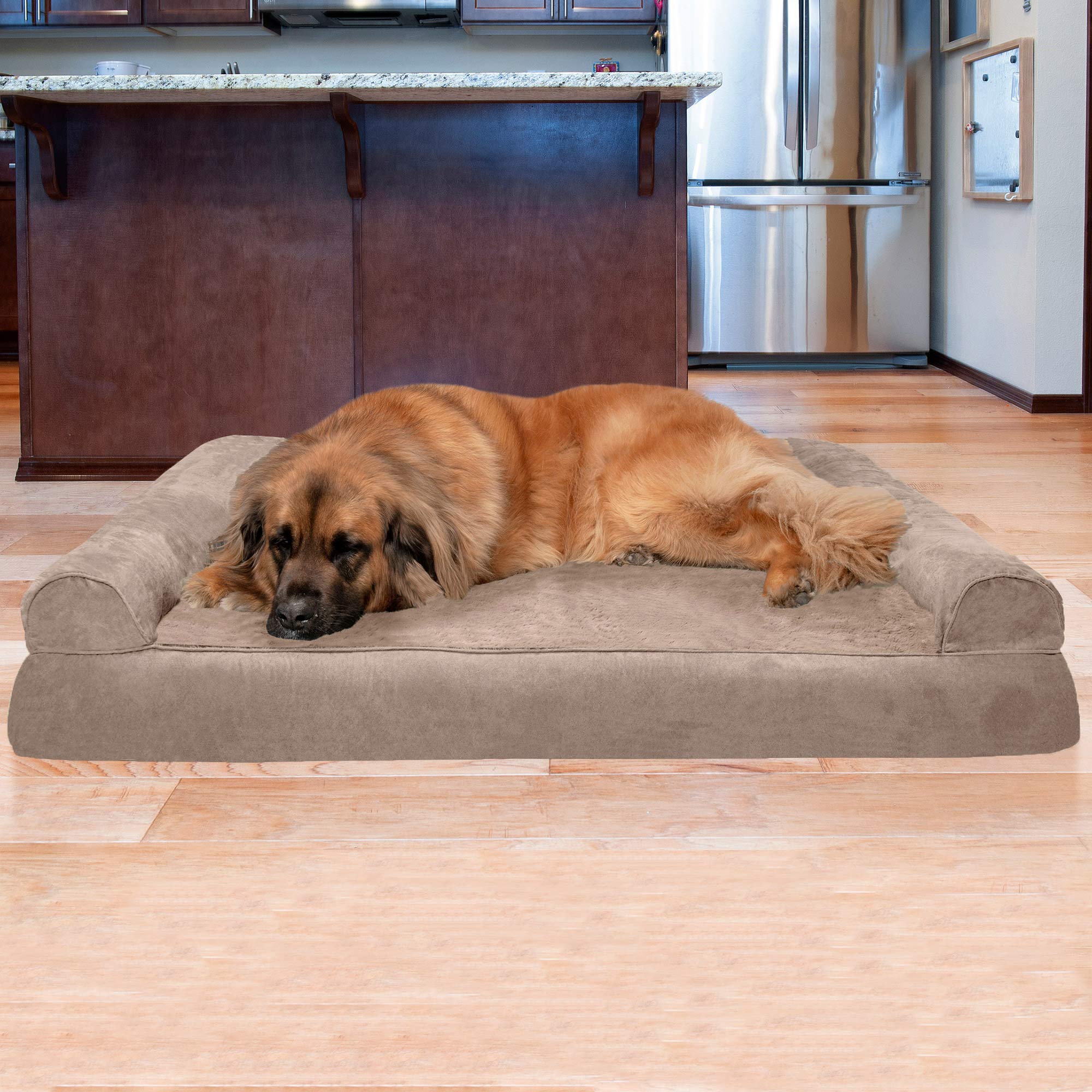 **Furhaven Orthopedic Dog Bed for Large Dogs - Removable Bolsters & Washable Cover - Plush & Suede Sofa - Supports Up to 125 lbs - Almondine, Jumbo Plus/XXL - Perfect for Arthritis & Joint Pain Relief - Ideal for Living Room, Bedroom & Pet-Friendly Spaces**