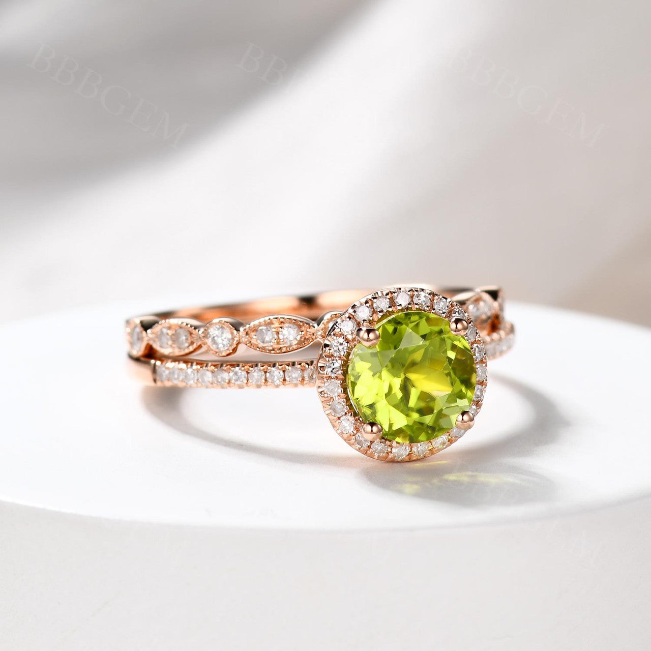 7mm Round Cut Peridot Engagement Ring Set with Diamond Wedding Band in 14K Yellow Gold - Perfect for Bridal Jewelry, Anniversary Gifts & Special Occasions