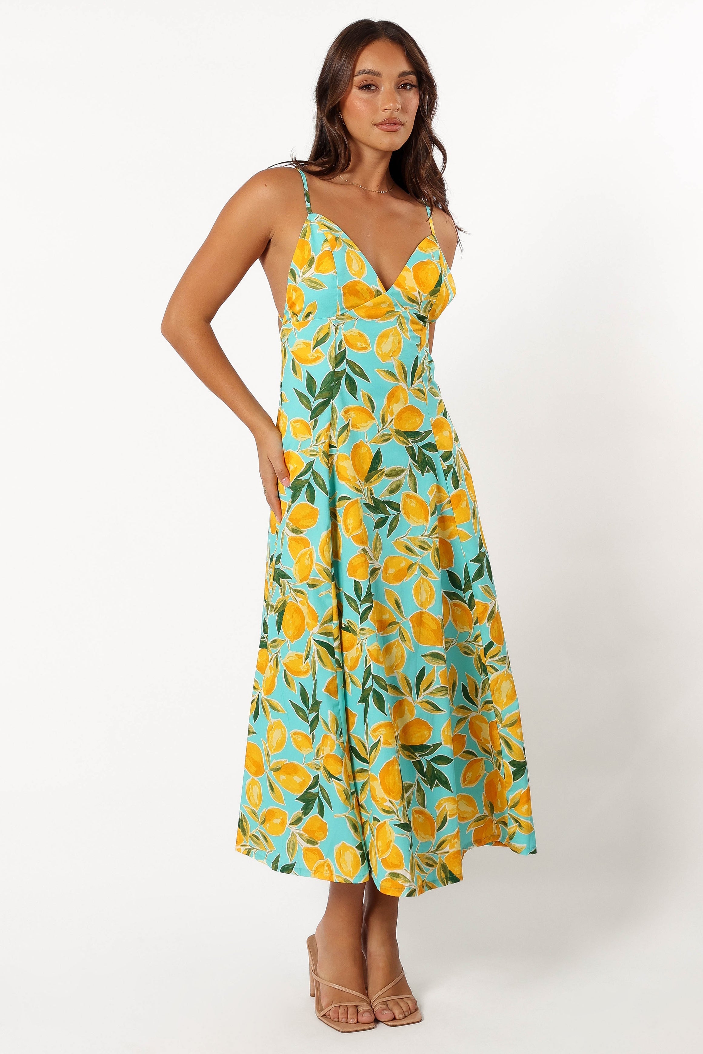 Emery Lemon Print Midi Dress - Flowy Summer Dress with Sky Lemon Pattern | Perfect for Beach Vacations, Brunch Dates & Casual Outings