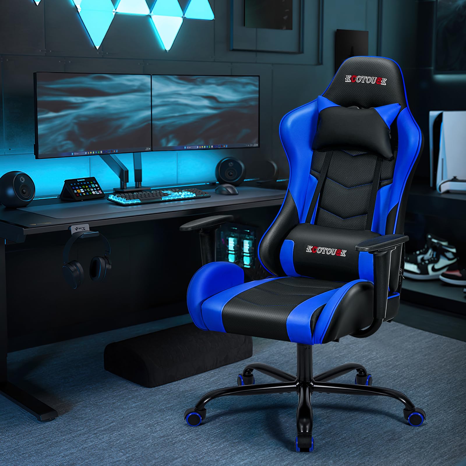 Premium ECOTOUGE Ergonomic Gaming Chair - Adjustable Headrest & Lumbar Massage Pillow - PU Leather Racing Style Office Desk Chair with 360° Swivel & Recliner - Black & Blue - Perfect for Esports, Streaming & Home Office Workstations