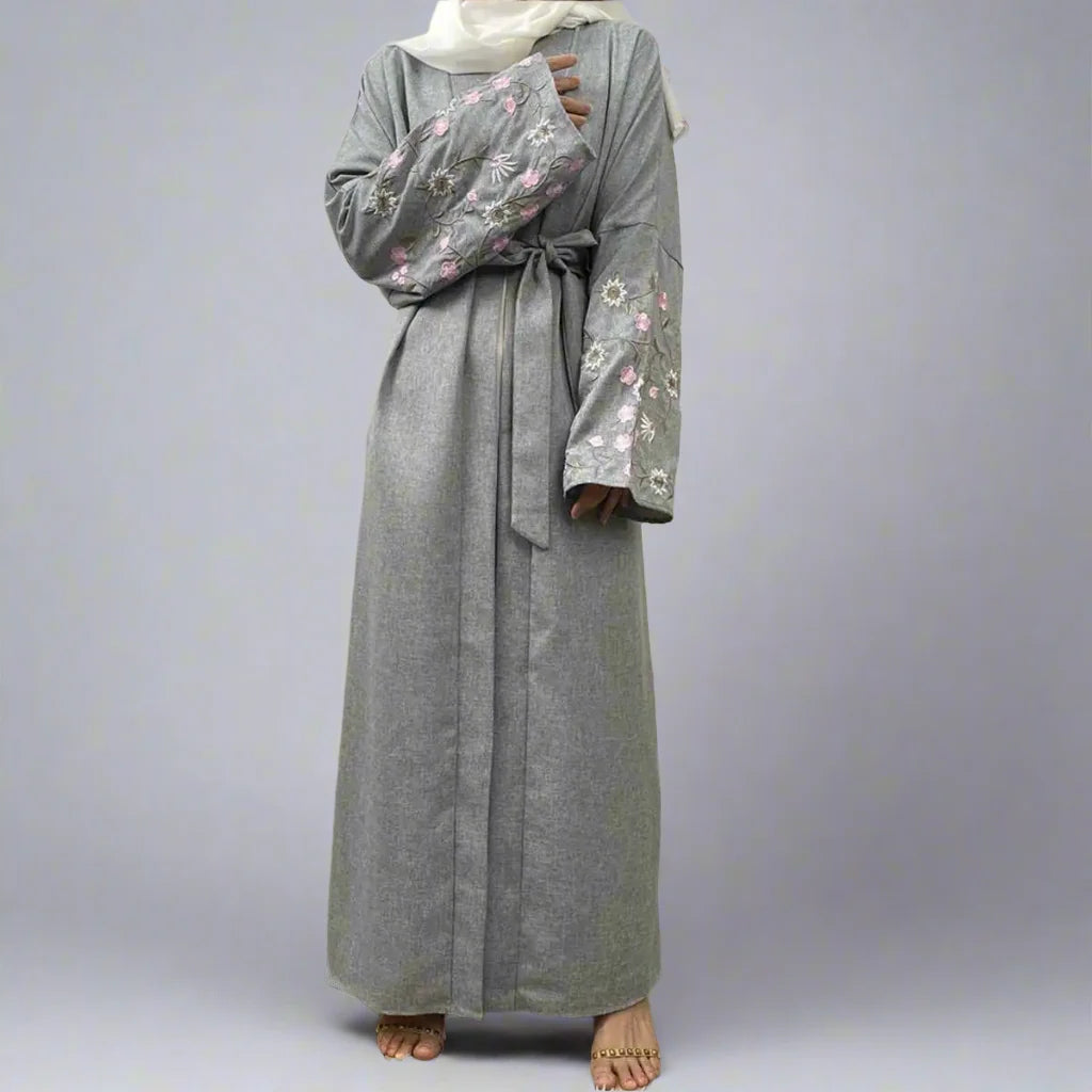 Floral Embroidery Sleeve Open Abaya Dress - Elegant Muslim Women's Kaftan for Prayer, Wedding & Special Occasions