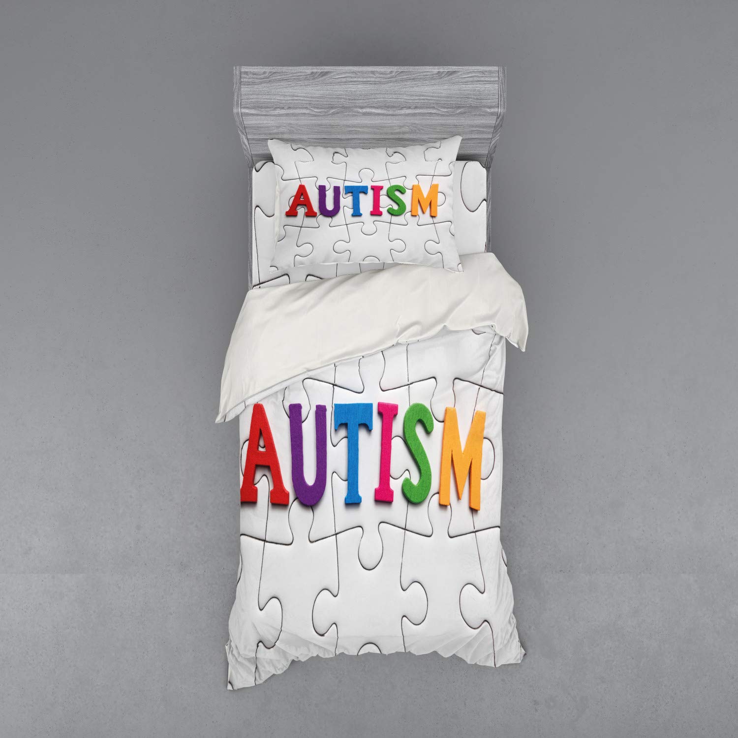 Ambesonne Autism Awareness Bedding Set - 3 Piece Duvet Cover with Sham & Fitted Sheet, Twin Size, Colorful Game Pieces & Calligraphy Design for Neurological Disability Support - Perfect for Kids' Rooms, Special Needs Bedrooms & Autism Awareness Decor
