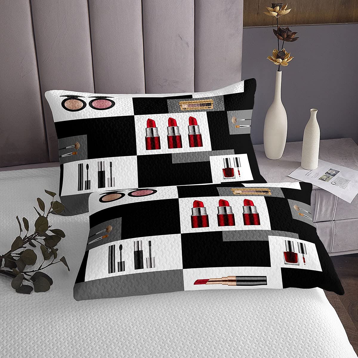 Erosebridal Fashion Cosmetic Themed King Size Bedspread Set - Red Lipstick & Eyelash Mascara Quilted Coverlet, Black & White Girly Bedding for Women | Valentine's Day Gift, Bedroom Decor for Teens & Beauty Lovers