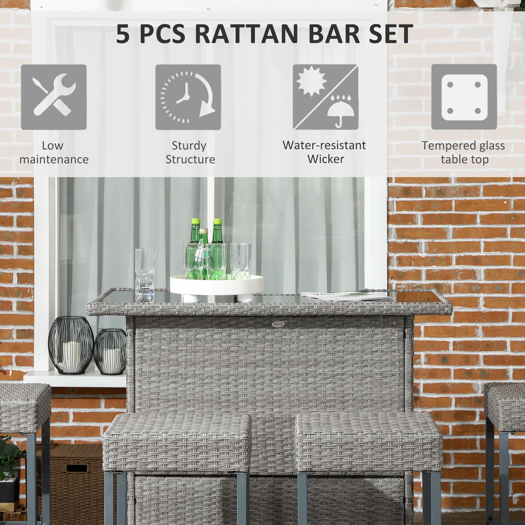 Outsunny 5-Piece Rattan Wicker Bar Set - High Top Outdoor Table & 4 Chairs with Glass Table Top & 2-Tier Storage Shelf - Patio Dining Set for Garden, Poolside, Backyard, Restaurant, Cafe (Gray)