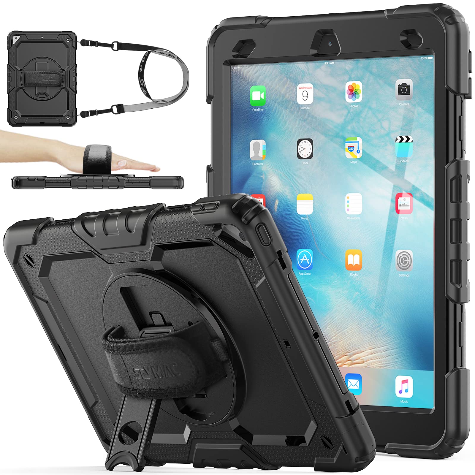 SEYMAC iPad Air 3 (2019) & iPad Pro 10.5 Case - Heavy Duty Full Body Protective Cover with Built-in Screen Protector & Pencil Holder | 360° Rotating Hand Strap & Stand | Perfect for Work, Travel & School (10.5 inch, Black)