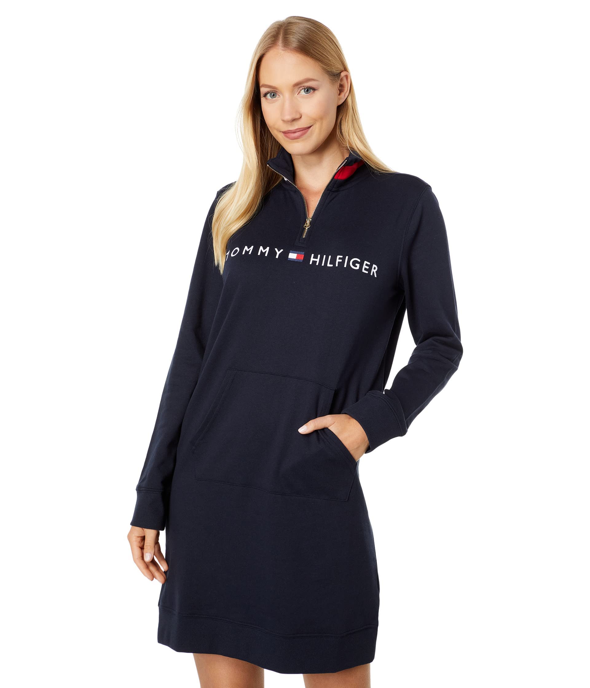 Tommy Hilfiger Women's Funnel Neck Sweatshirt Dress - Casual Long Sleeve Pullover Tunic for Lounge, Workout & Streetwear Fashion
