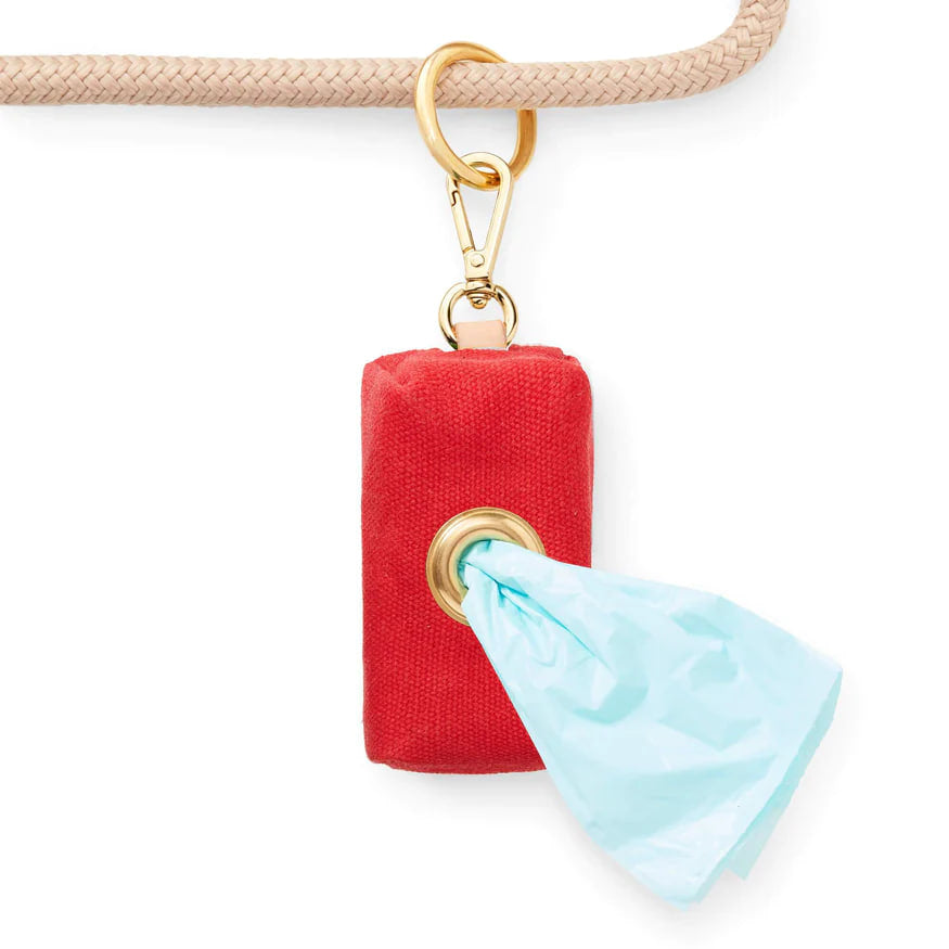 Premium Dog Poop Bag Dispenser - Ruby Waxed Canvas Leash Attachment for Easy Cleanup During Walks, Hiking & Travel