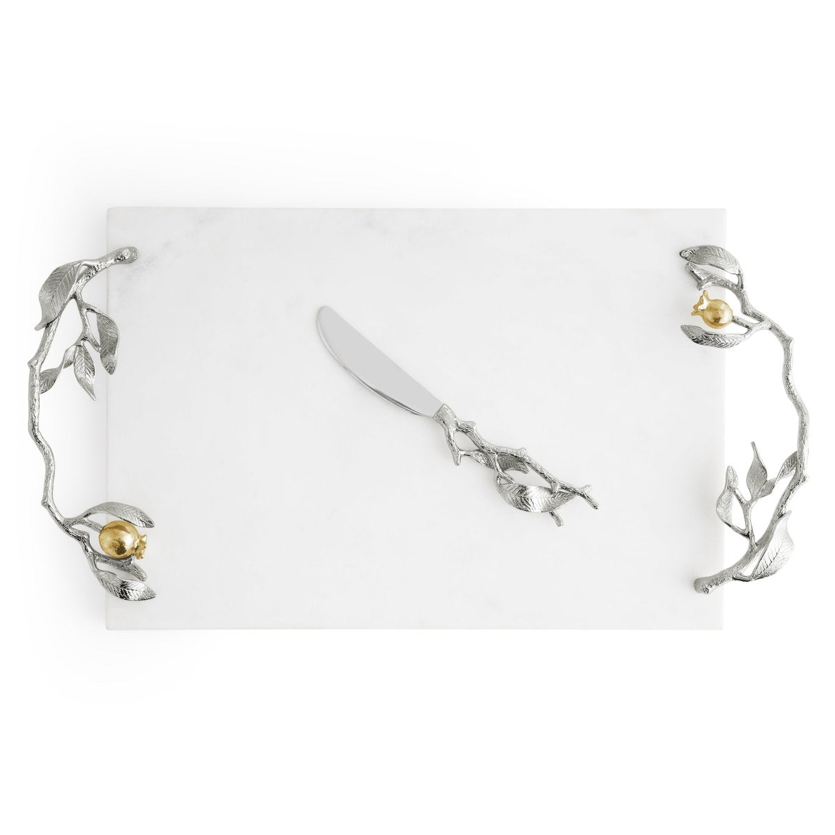 Elegant Pomegranate Silver & Gold Cheese Board & Spreader Set - Perfect for Wine Tasting, Charcuterie Platters & Holiday Entertaining