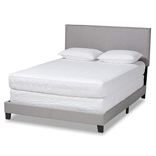 BOWERY HILL Full Size Gray Linen Panel Bed with Nailhead Trim - Modern Upholstered Platform Bed Frame for Bedroom, Guest Room & Master Suite