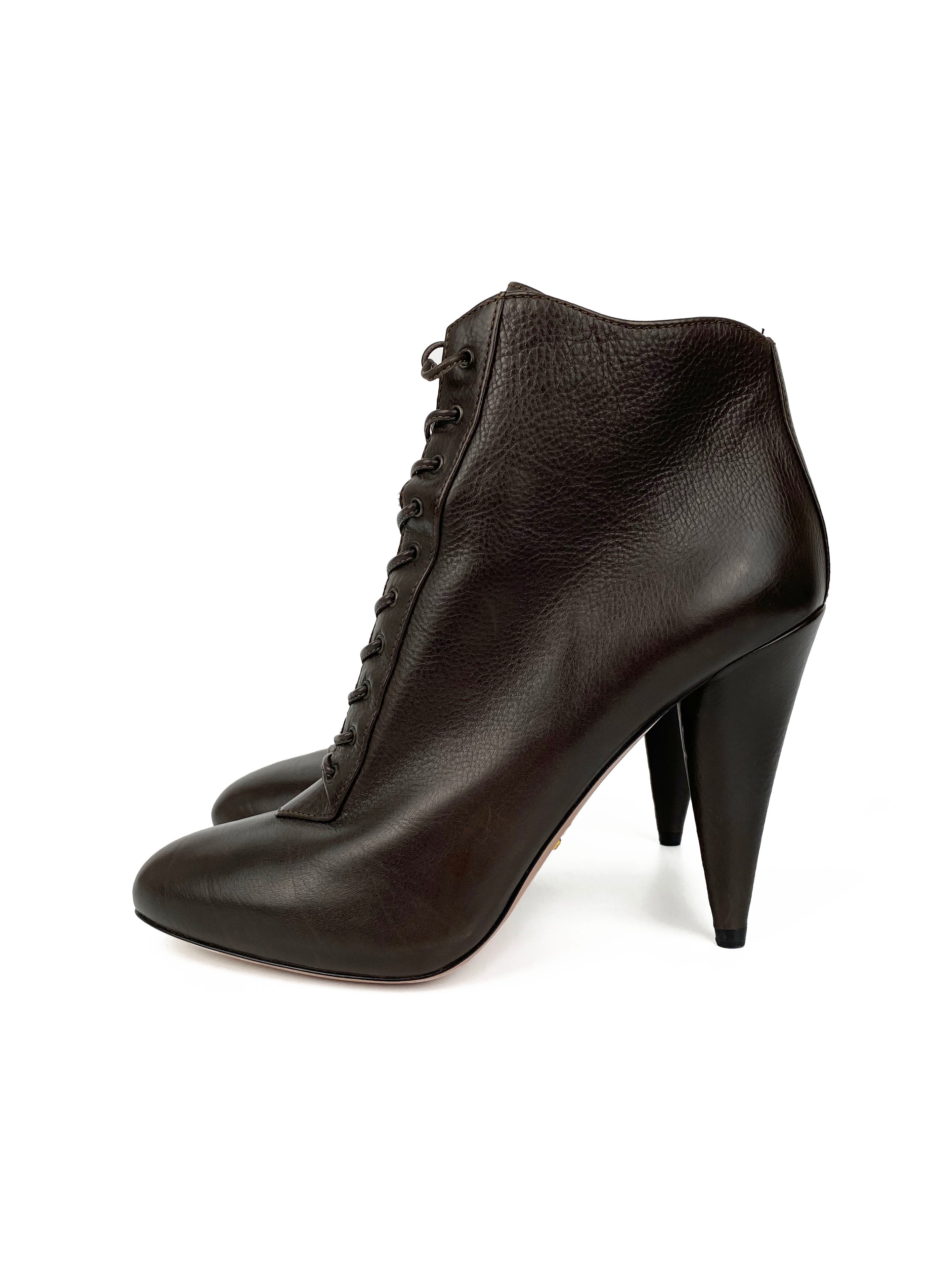 Prada Brown Leather Lace-Up Ankle Boots Women's Size 38.5 EU (7.5 US) - Stylish Fall/Winter Fashion for Office, Dating & Night Out