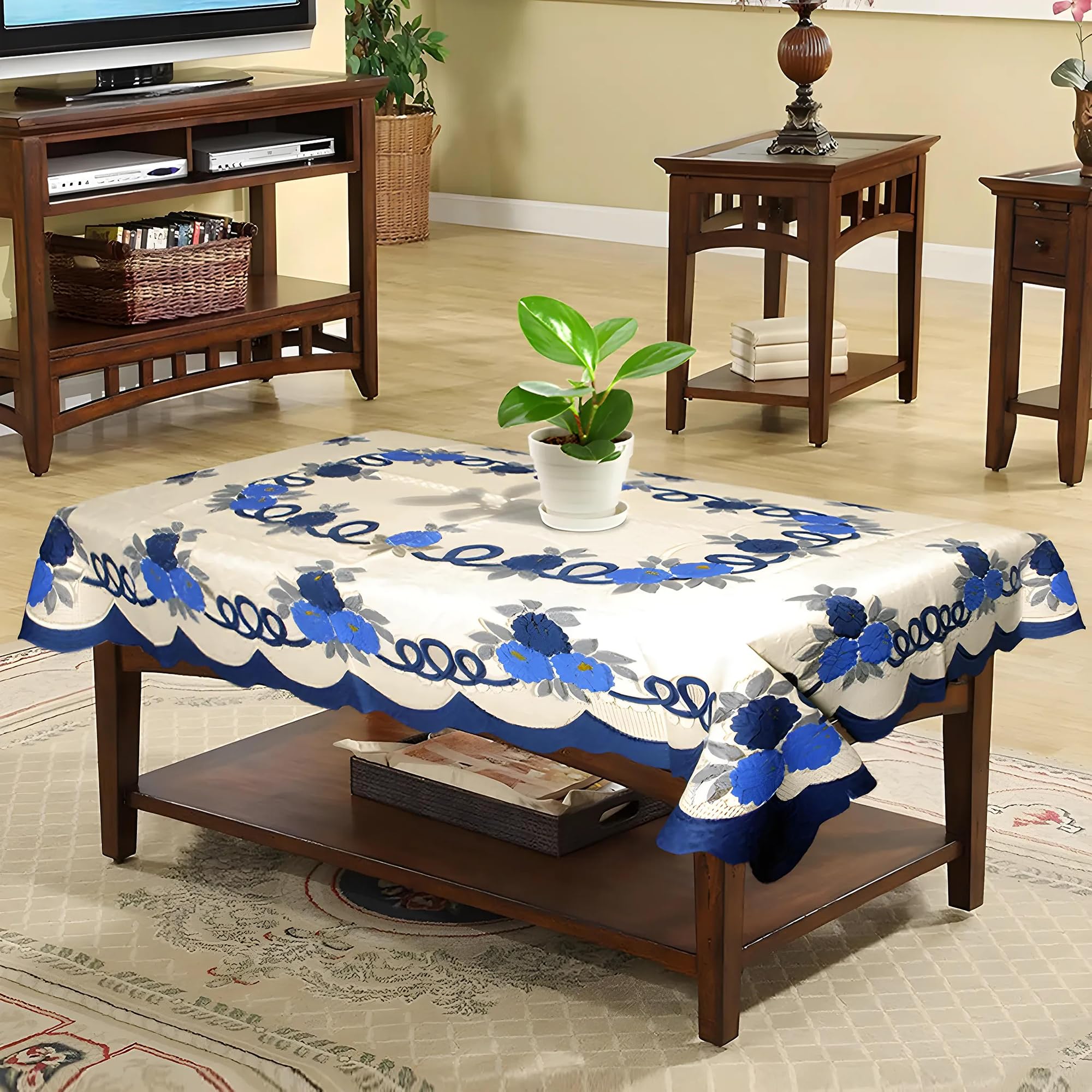 Kuber Industries Cotton Table Cover for Living Room - Floral Design Cream Tablecloth for 4-Seater Dining Table | Perfect for Home Decor, Parties & Daily Use