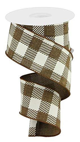 Large Striped Check Wired Edge Ribbon - 10 Yards (Brown, Ivory, 2.5 Inch Width) for Gift Wrapping, DIY Crafts, Wedding Decorations, and Holiday Bows