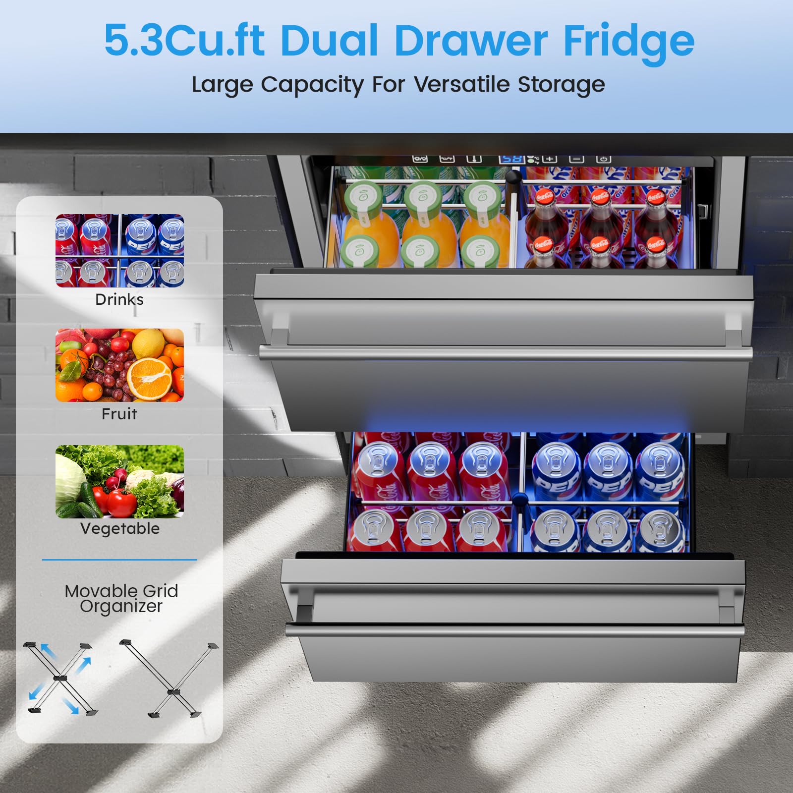 24 Inch Outdoor Beverage Refrigerator - 120 Can Capacity Undercounter Fridge for Patio, Backyard & Outdoor Kitchen | Freestanding/Built-In Double Drawer Design with Wheels | Perfect for BBQs, Pool Parties & Entertaining Guests