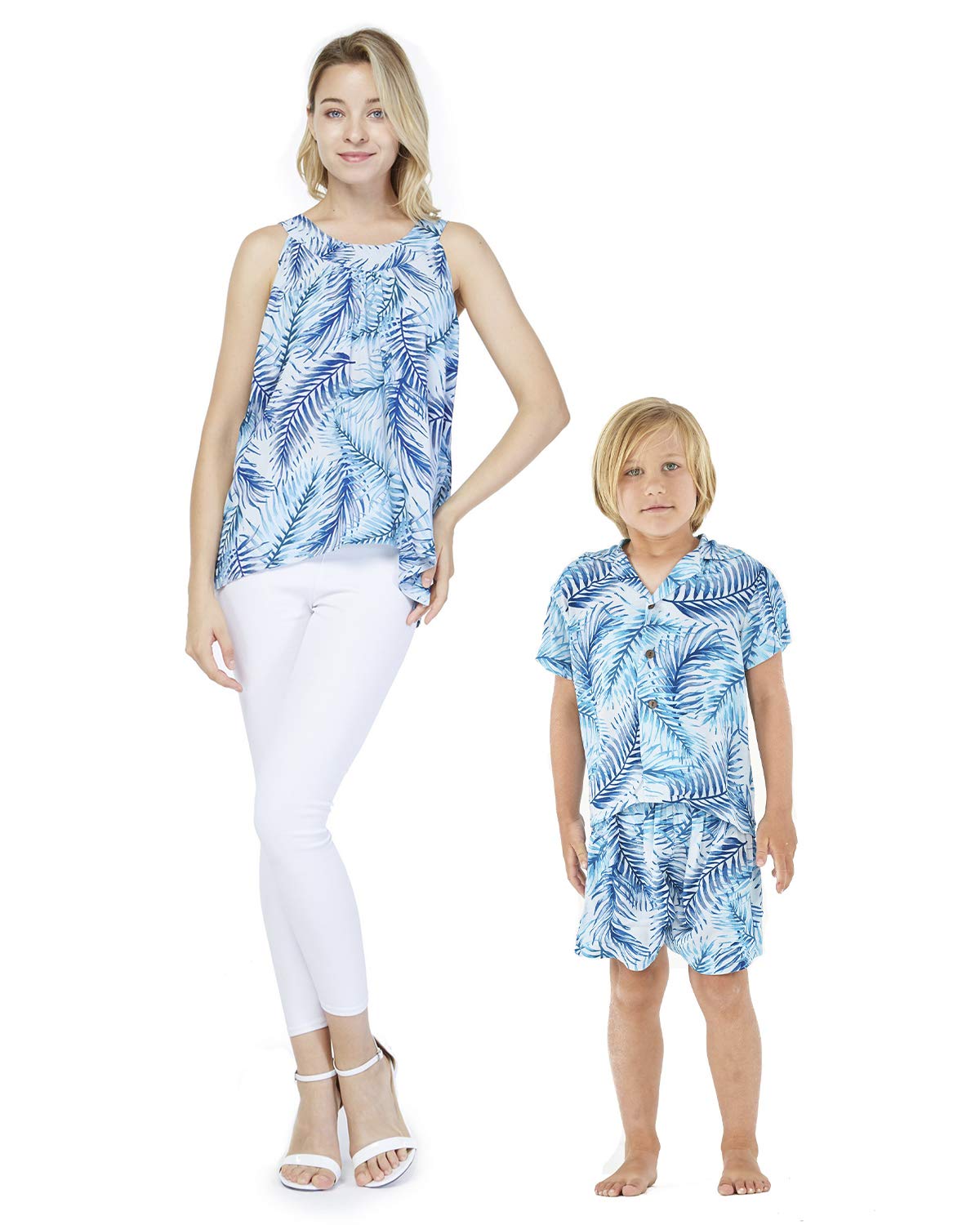 Stylish Matching Mother & Son Hawaiian Luau Shirts - Vibrant Neon Sunset Print Tropical Outfits for Beach Parties, Family Vacations & Summer Festivals