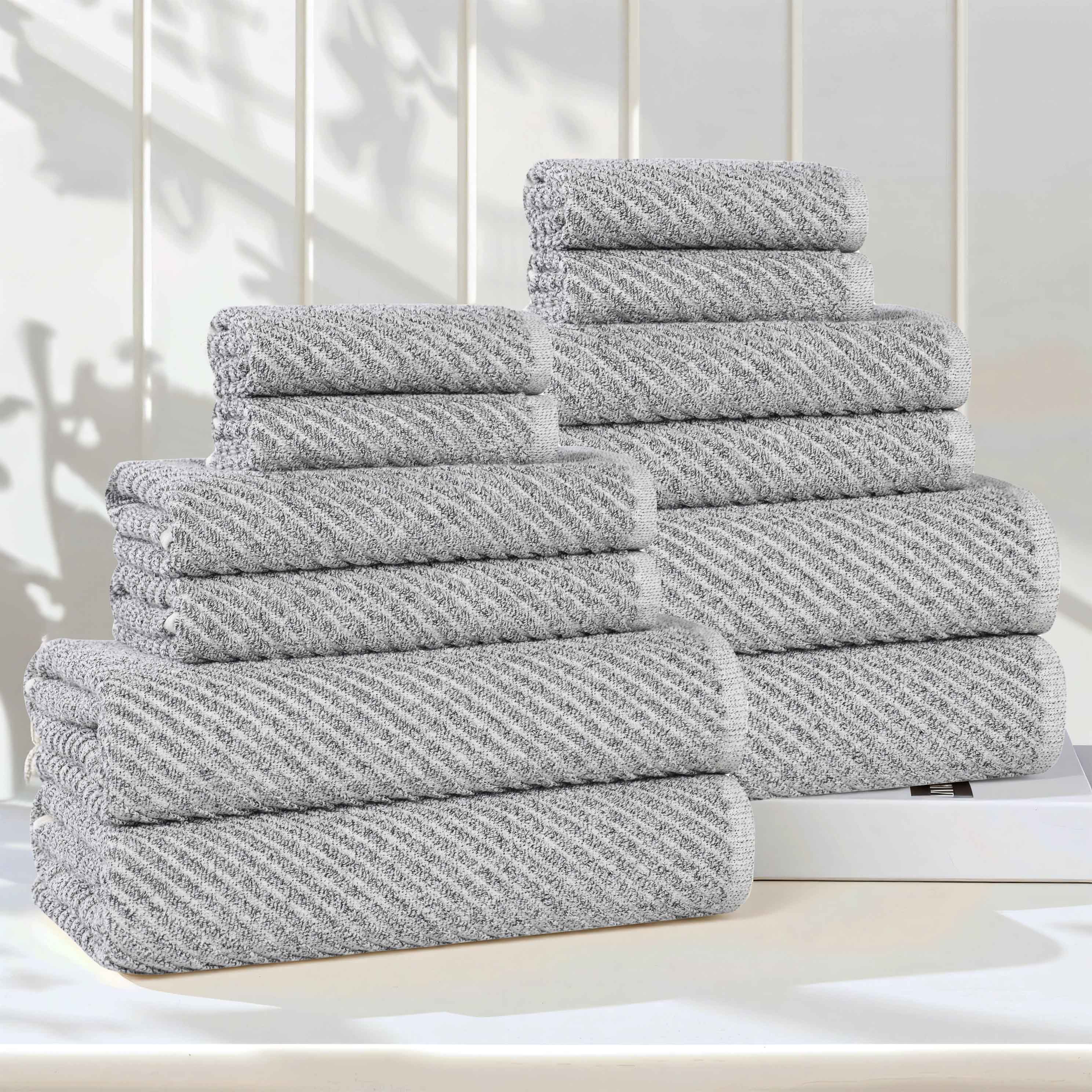 Amelia 12-Piece Cotton Blend Towel Set - Medium Weight Diagonal Stripes for Bath, Spa & Beach - Soft & Absorbent Luxury Towels